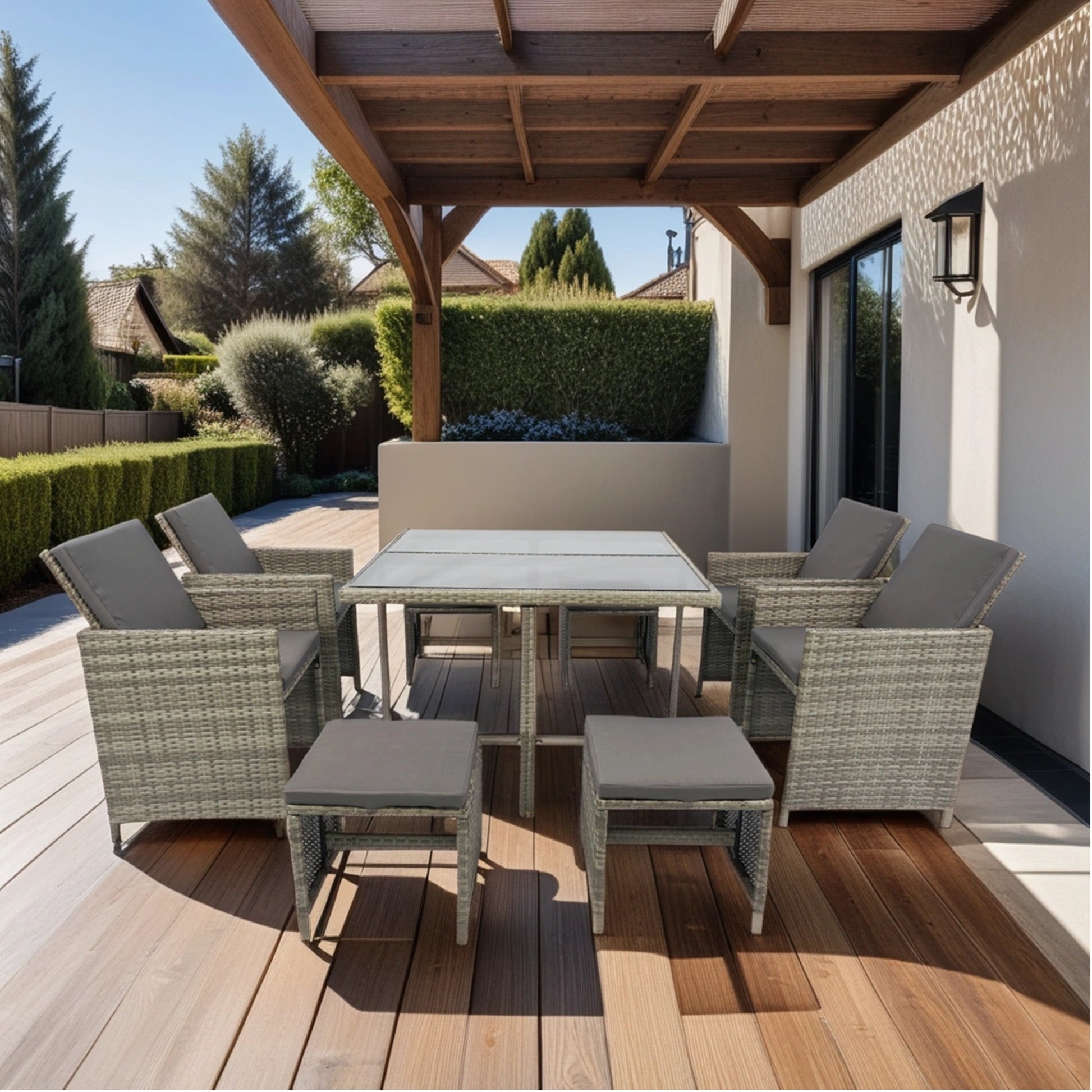 9 Pieces Patio Dining Sets Outdoor Space Saving Rattan Chairs With Glass Table Patio Furniture Sets Cushioned Seating And Back Sectional Conversation Set Grey Wicker Grey Cushion Yes Dining Set Grey Rust Resistant Frame Mildew Resistant Cushion Garden &