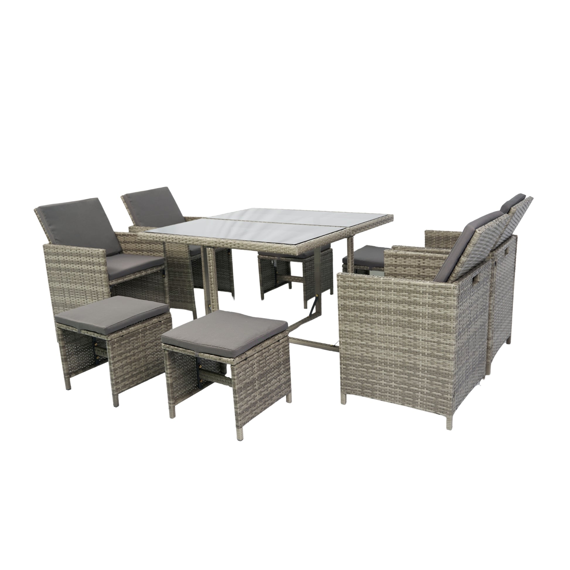 9 Pieces Patio Dining Sets Outdoor Space Saving Rattan Chairs With Glass Table Patio Furniture Sets Cushioned Seating And Back Sectional Conversation Set Grey Wicker Grey Cushion Yes Dining Set Grey Rust Resistant Frame Mildew Resistant Cushion Garden &