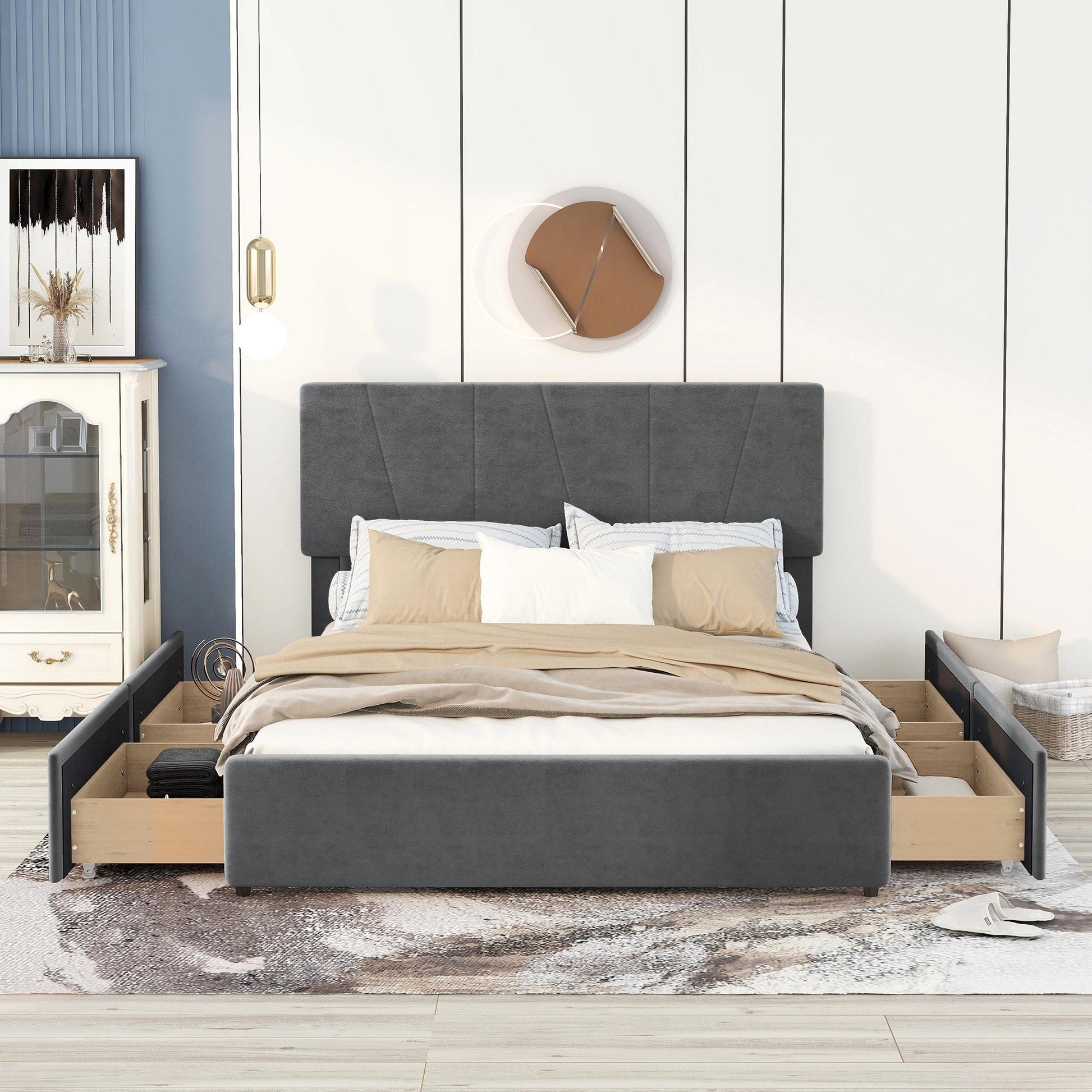 Queen Size Upholstery Platform Bed With Four Drawers On Two Sides, Adjustable Headboard, Grey Old Sku: Wf291774Eaa Box Spring Not Required Queen Grey Wood Bedroom Bed Frame Velvet Upholstered