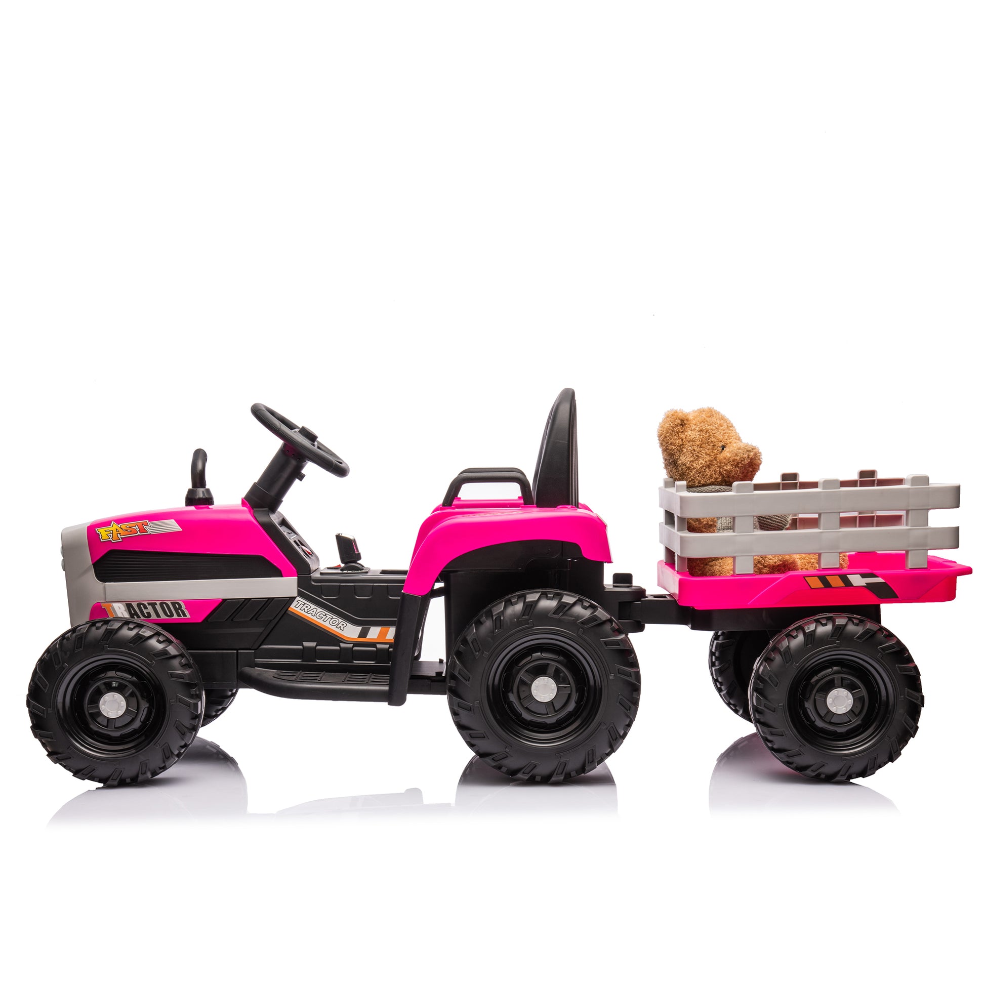 Ride On Tractor With Trailer,12V Battery Powered Electric Tractor Toy W Remote Control,Electric Car For Kids,Three Speed Adjustable,Power Display, Usb,Mp3 ,Bluetooth,Led Light,Two Point Safety Belt Rose Red Plastic