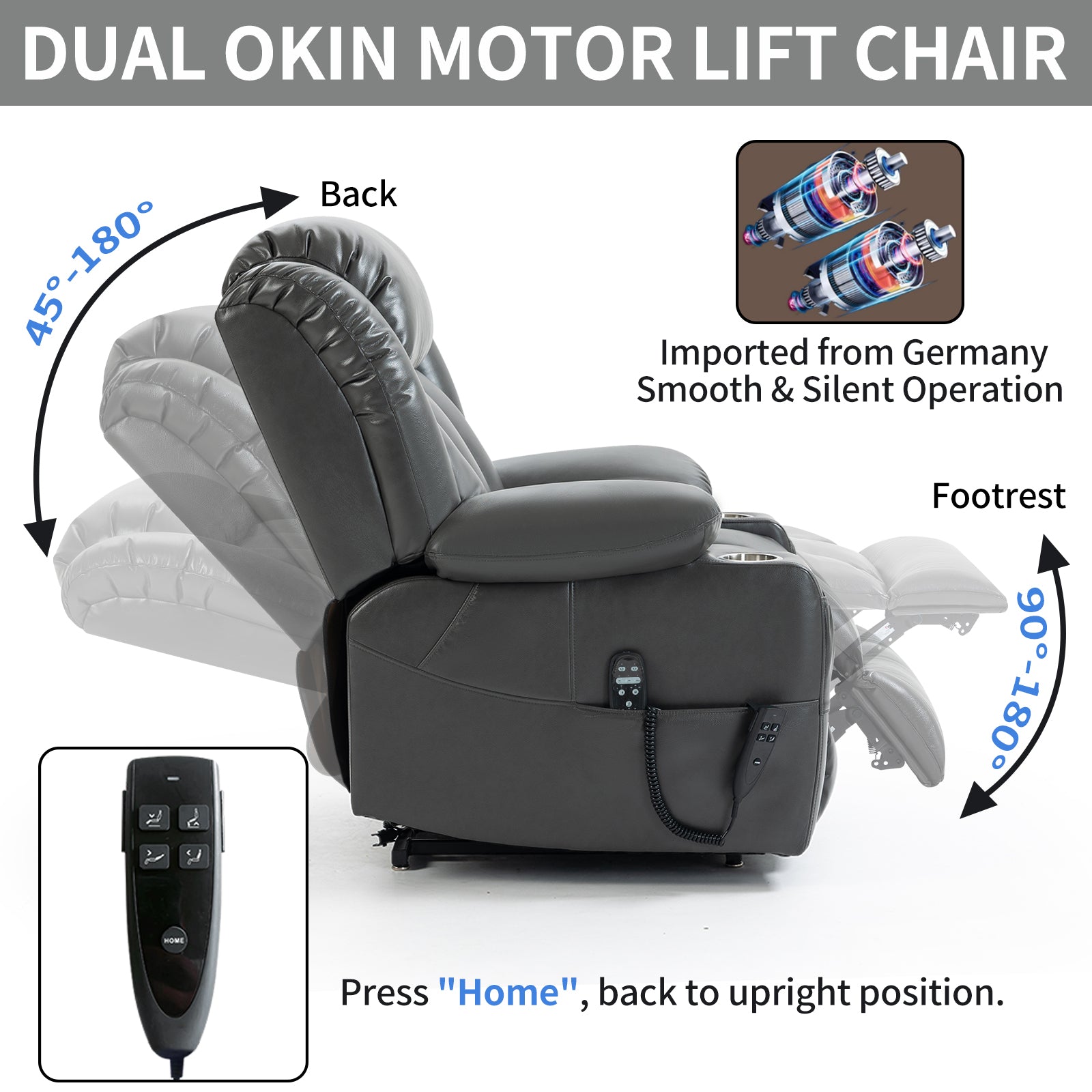 Dual Motor Infinite Position Up To 350 Lbs Leatheraire Power Lift Recliner Chair, Heavy Duty Motion Mechanism With 8 Point Vibration Massage And Lumbar Heating, Stainless Steel Cup Holders, Grey White Metal Primary Living Space Heavy Duty Pine Grey Faux