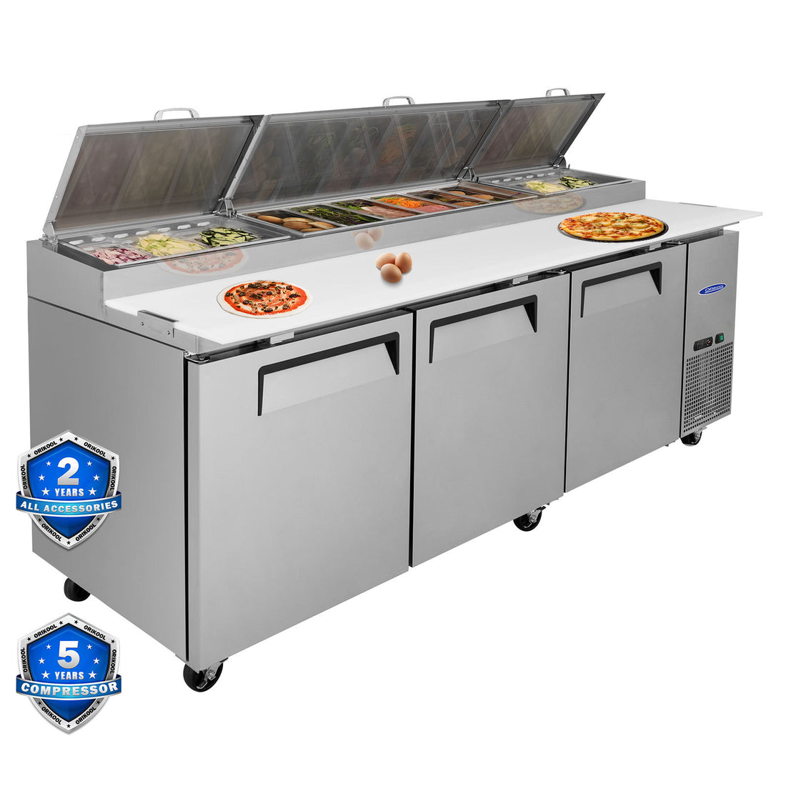 Orikool 93 In Commercial Pizza Prep Table With A Built In Refrigerator 30.8 Cu.Ft, Butcher Block Cutting Board, Protection Lid, Cold Storage, And Smooth Rolling Casters, Etl Certified Silver Stainless Steel