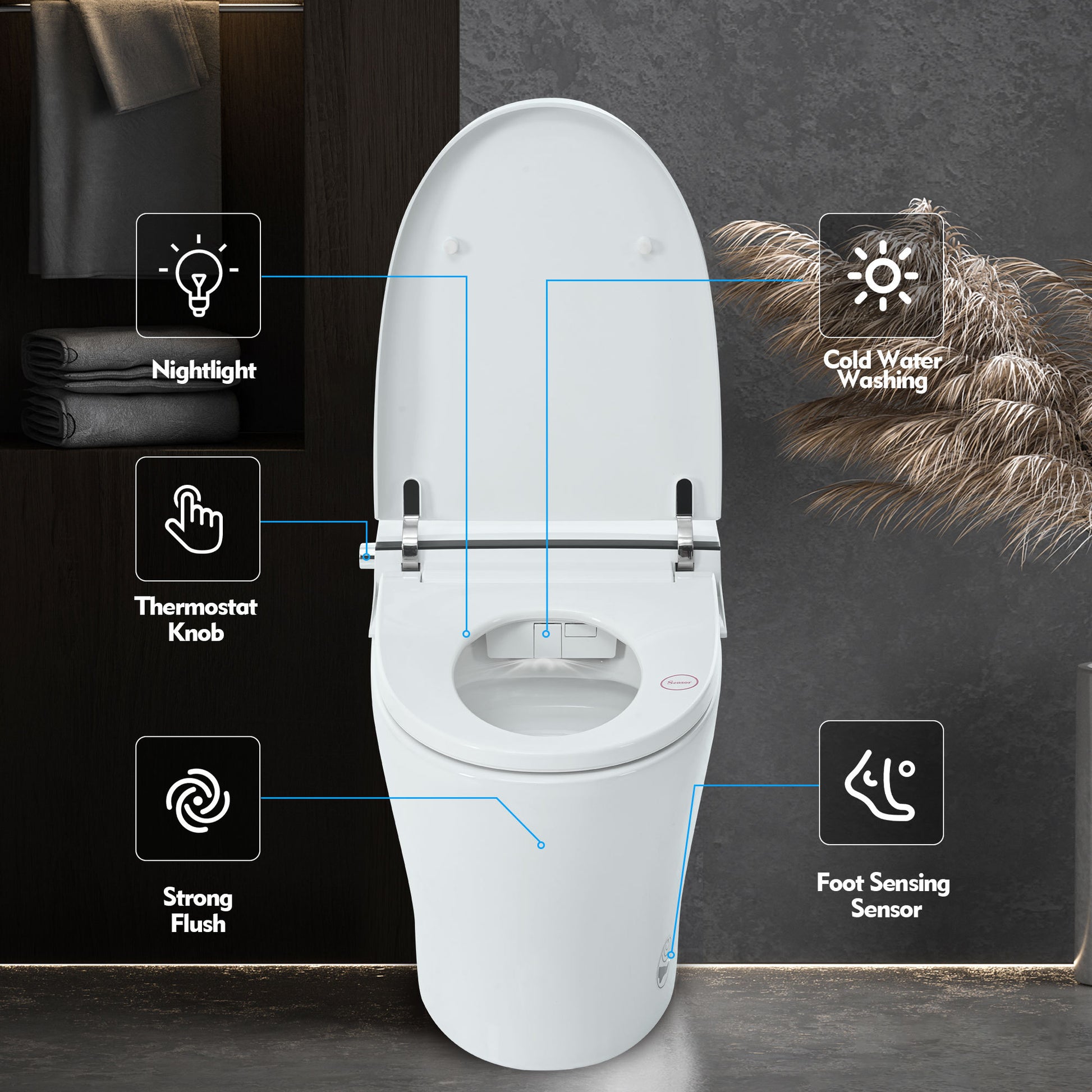 Smart Toilet Bidet Combo With Self Cleaning Nozzle,Upmarket Compact Dual Flush Toilet 1 1.28 Gpf,Tank Less Toilet With Foot Sensor Flush,White Night Light,Knob Control,Power Outage Flushing,Soft Close White Ceramic