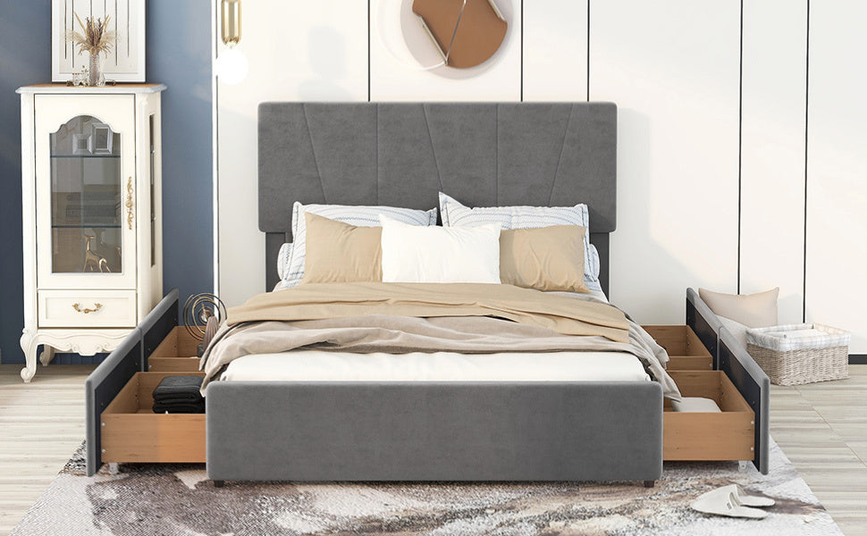 Queen Size Upholstery Platform Bed With Four Drawers On Two Sides, Adjustable Headboard, Grey Old Sku: Wf291774Eaa Box Spring Not Required Queen Grey Wood Bedroom Bed Frame Velvet Upholstered