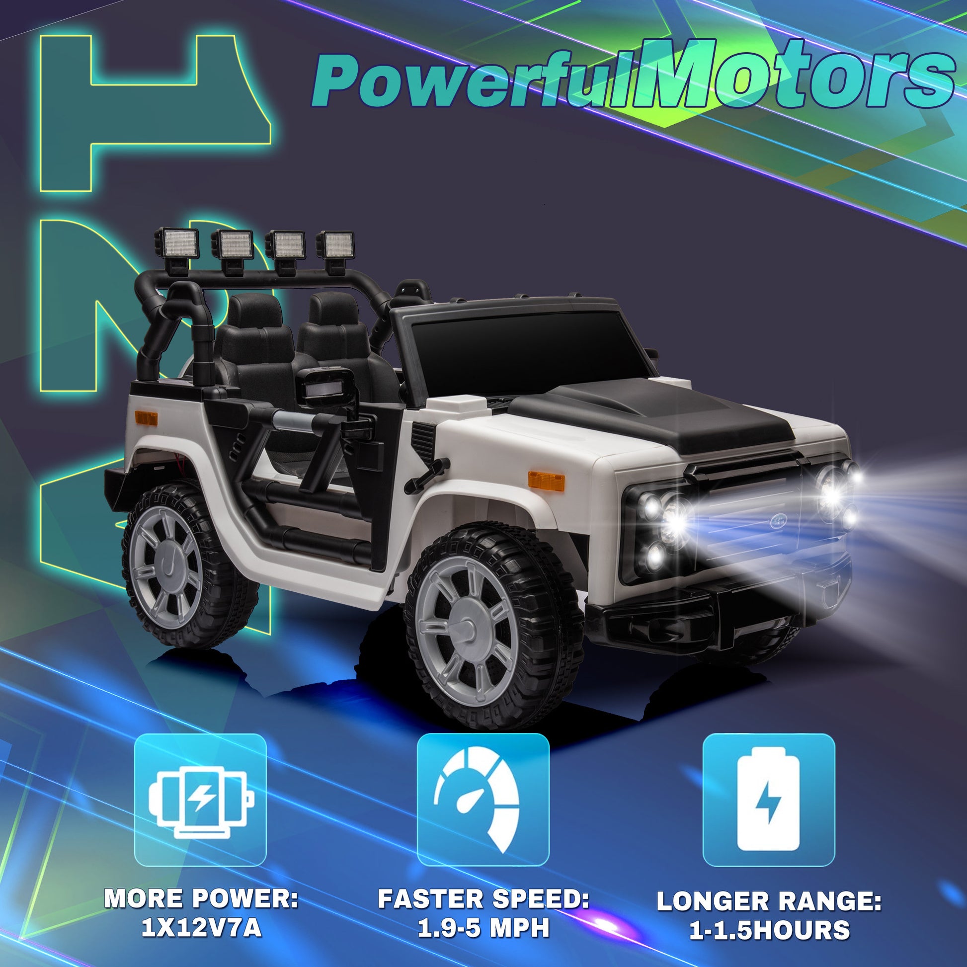 12V7A 30W*2 Four Wheel Drive Leather Seat One Button Start,Forward And Backward, High And Low Speed, Music, Front Light, Power Display, Two Doors Can Open, 2.4G R C, Seat Belt Four Wheel Absorber White Black 100 149 Lbs 5 To 8 Years Iron Plastic Outdoor