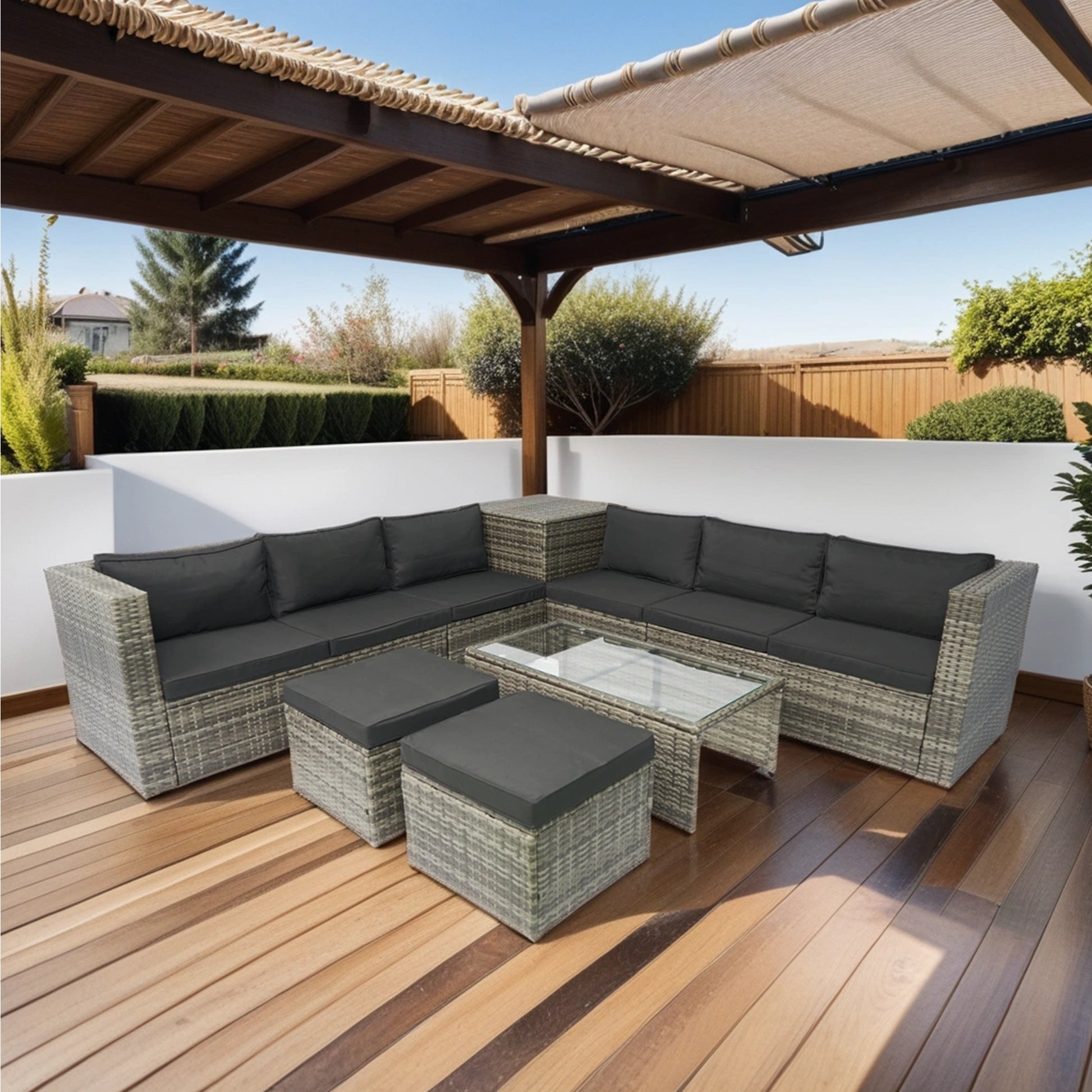 8 Piece Patio Sectional Wicker Rattan Outdoor Furniture Sofa Set With One Storage Box Under Seat And Cushion Box Grey Wicker Black Cushion Clear Glass Top Yes Complete Patio Set Black Grey Rust Resistant Frame Mildew Resistant Cushion Garden & Outdoor