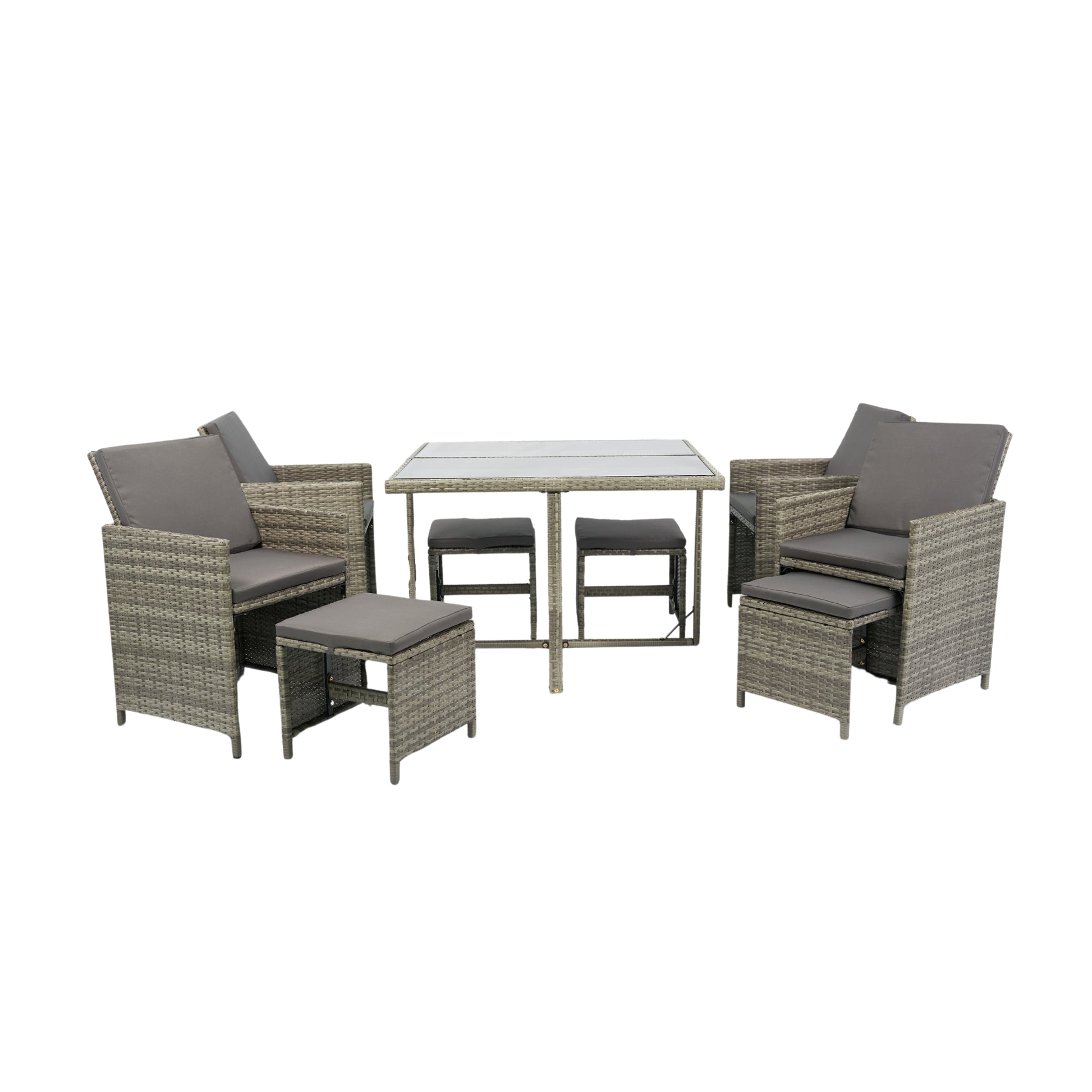 9 Pieces Patio Dining Sets Outdoor Space Saving Rattan Chairs With Glass Table Patio Furniture Sets Cushioned Seating And Back Sectional Conversation Set Grey Wicker Grey Cushion Yes Dining Set Grey Rust Resistant Frame Mildew Resistant Cushion Garden &