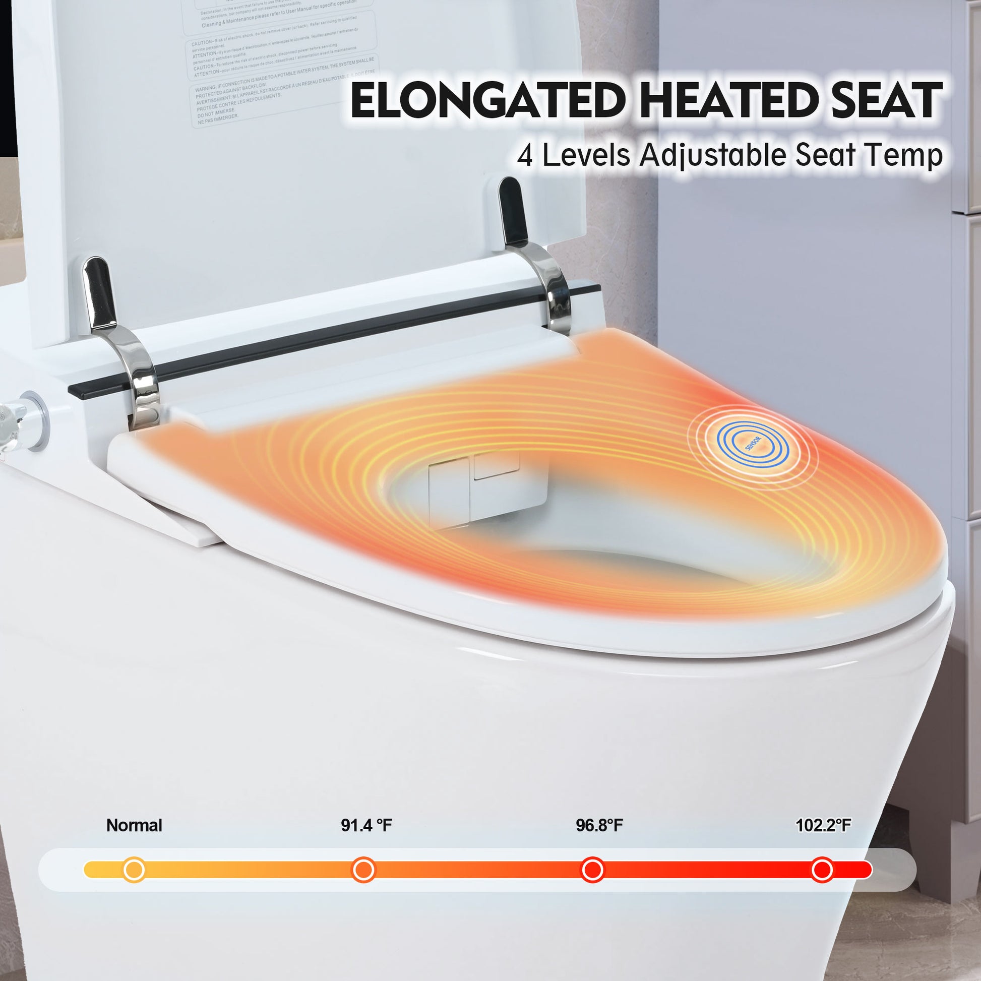 Heated Seat Smart Toilet Without Bidet, Upmarket Compact Dual Flush Toilet 1 1.28 Gpf, Tank Less Toilet With Adjustable Temp Heated Seat, Foot Sensor Flush, White Night Light, Knob Control, Power Out White Ceramic