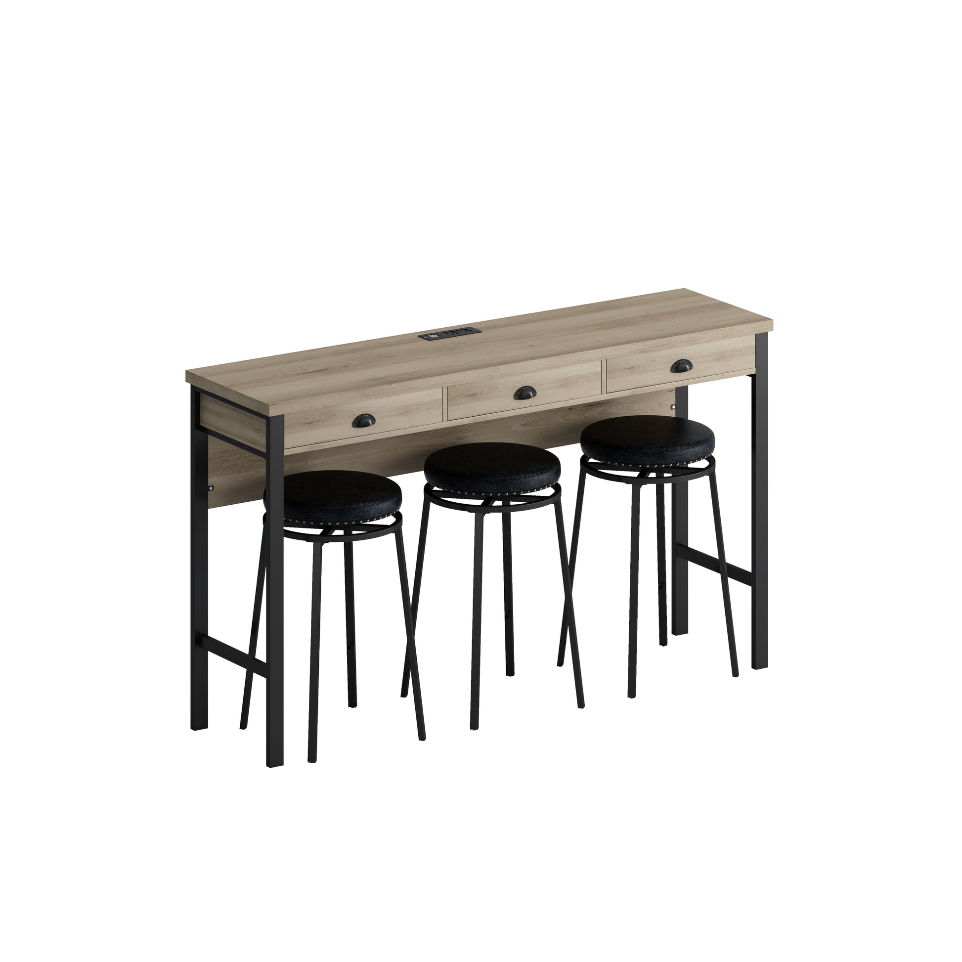 3 Drawer Long Dining Table Set With Power Outlets, Bar Kitchen Table Set With Circular Pu Stools, Easy Assemble, Brown Gray Table Black Stool Upholstered Chair Wood Black Metal Dining Table With Chair Mdf Metal