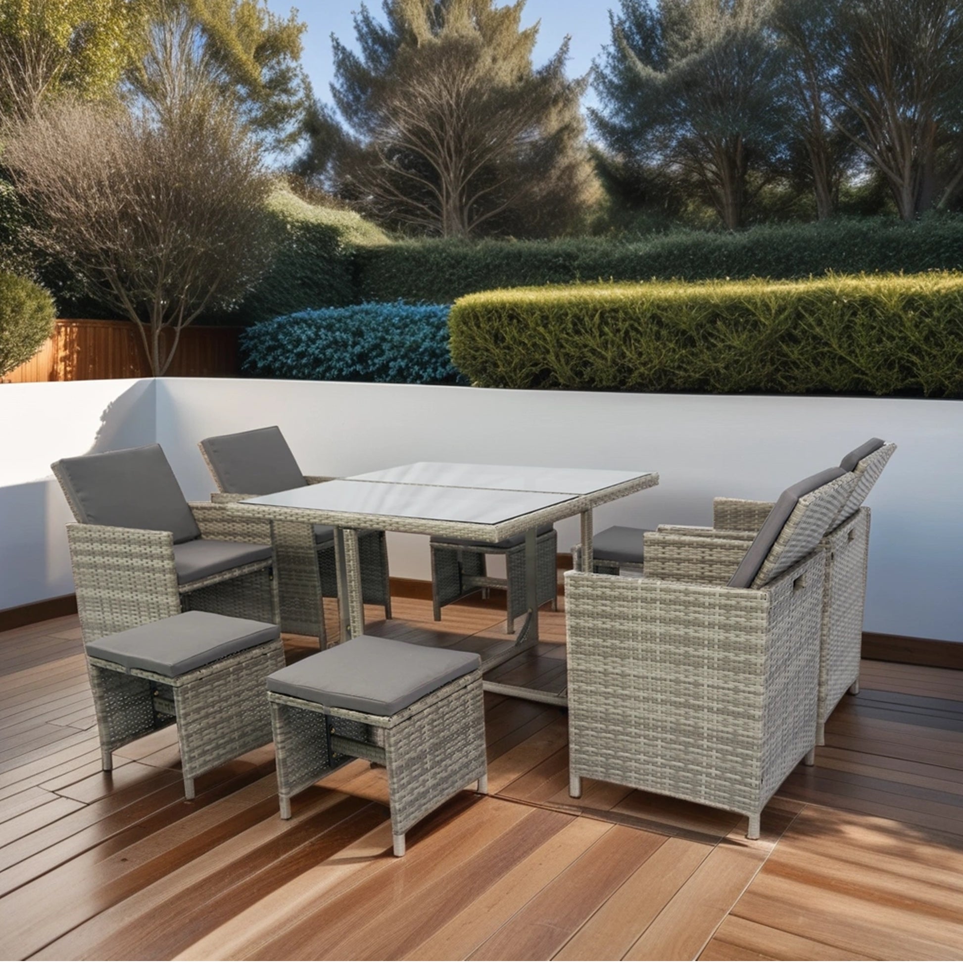 9 Pieces Patio Dining Sets Outdoor Space Saving Rattan Chairs With Glass Table Patio Furniture Sets Cushioned Seating And Back Sectional Conversation Set Grey Wicker Grey Cushion Yes Dining Set Grey Rust Resistant Frame Mildew Resistant Cushion Garden &