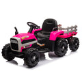 Ride On Tractor2.0 With Trailer,24V Battery Powered Electric Tractor Toy, 200W*2Motor 1.86 4.97Mph Remote Control,Electric Car For Kids,Three Speed Adjustable,Usb,Mp3 ,Bluetooth,Led Light, Safety Belt Rose Red Plastic