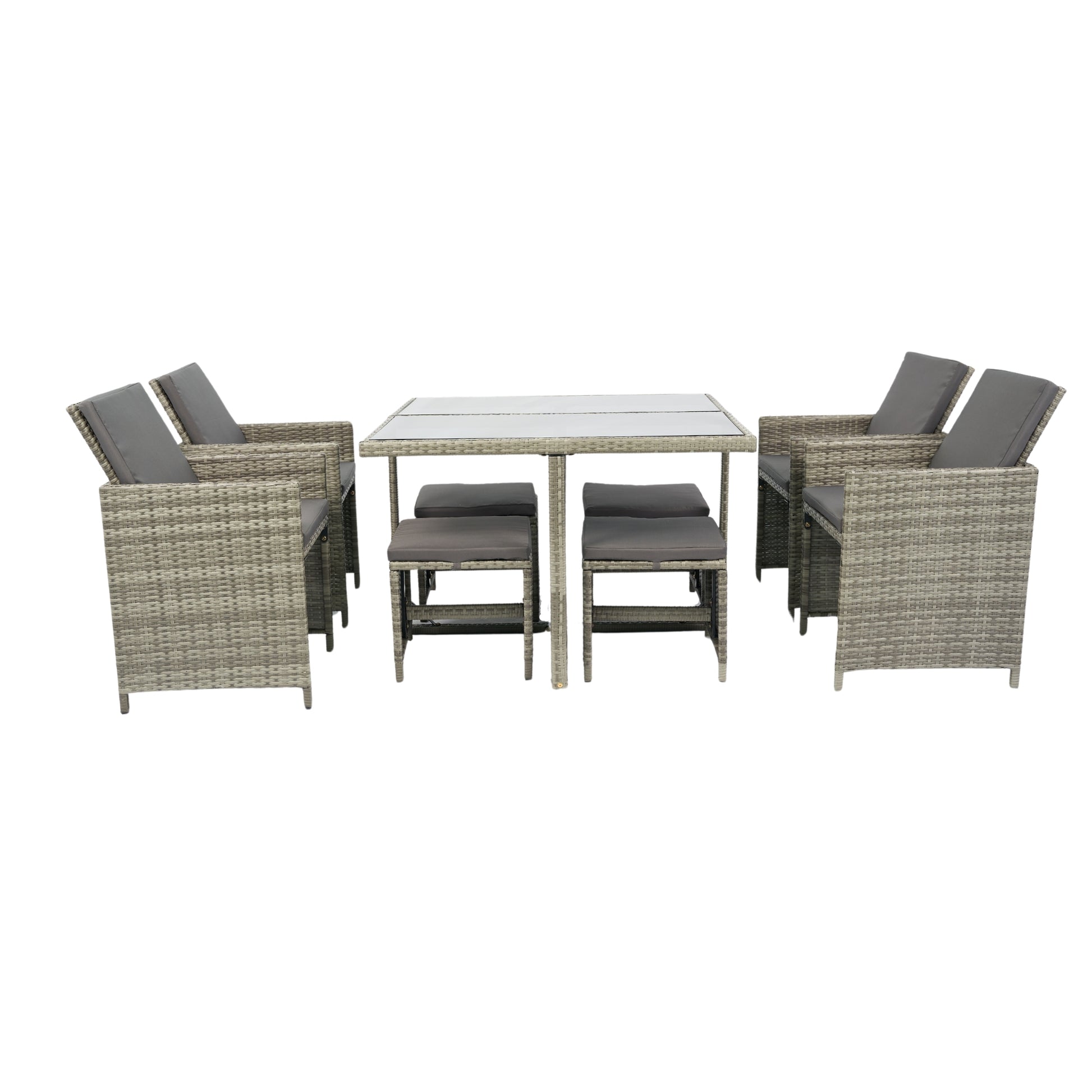 9 Pieces Patio Dining Sets Outdoor Space Saving Rattan Chairs With Glass Table Patio Furniture Sets Cushioned Seating And Back Sectional Conversation Set Grey Wicker Grey Cushion Yes Dining Set Grey Rust Resistant Frame Mildew Resistant Cushion Garden &