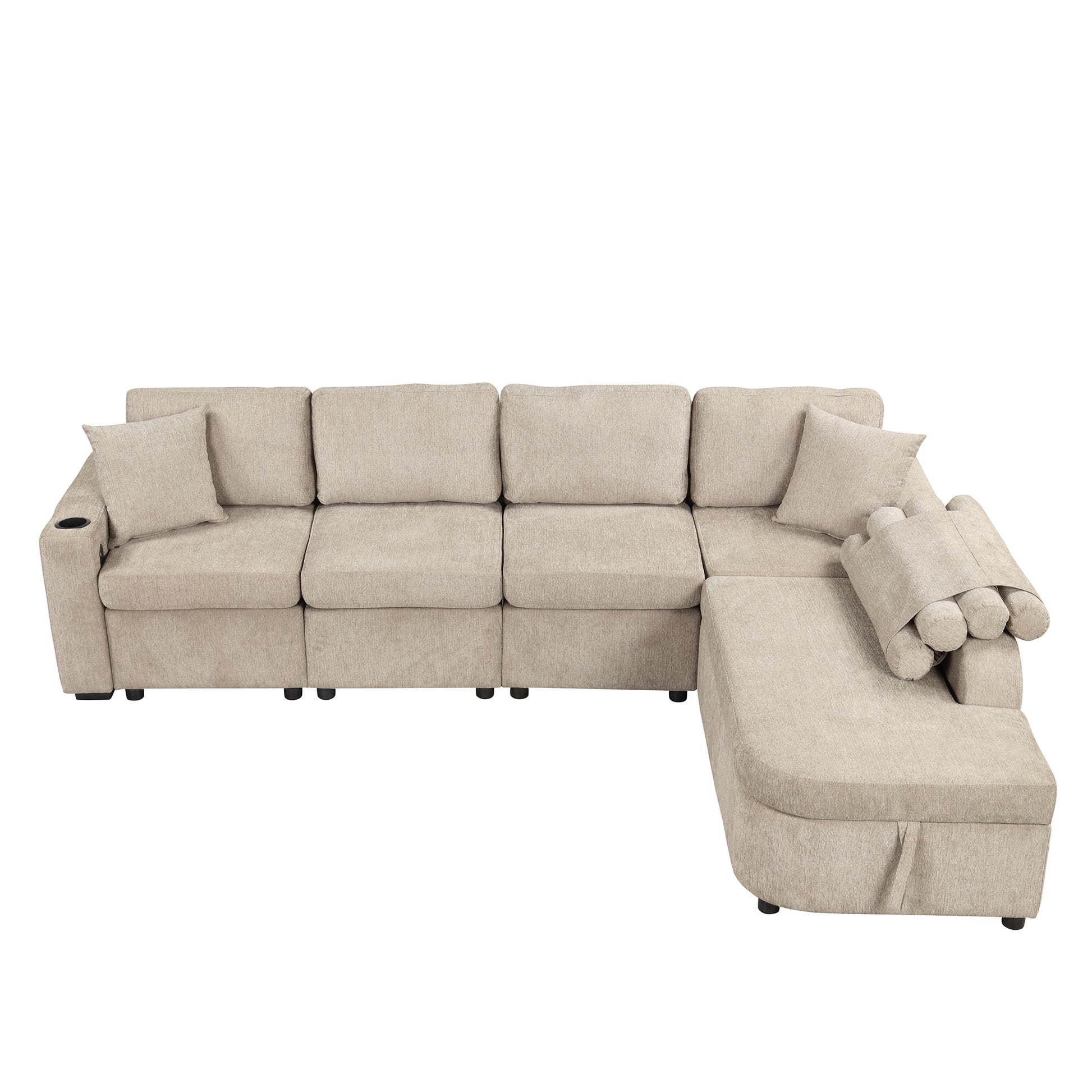 109.8"L Shaped Couch Sectional Sofa With Storage Chaise,Cup Holder And Usb Ports For Living Room, Beige Beige Foam Chenille 4 Seat