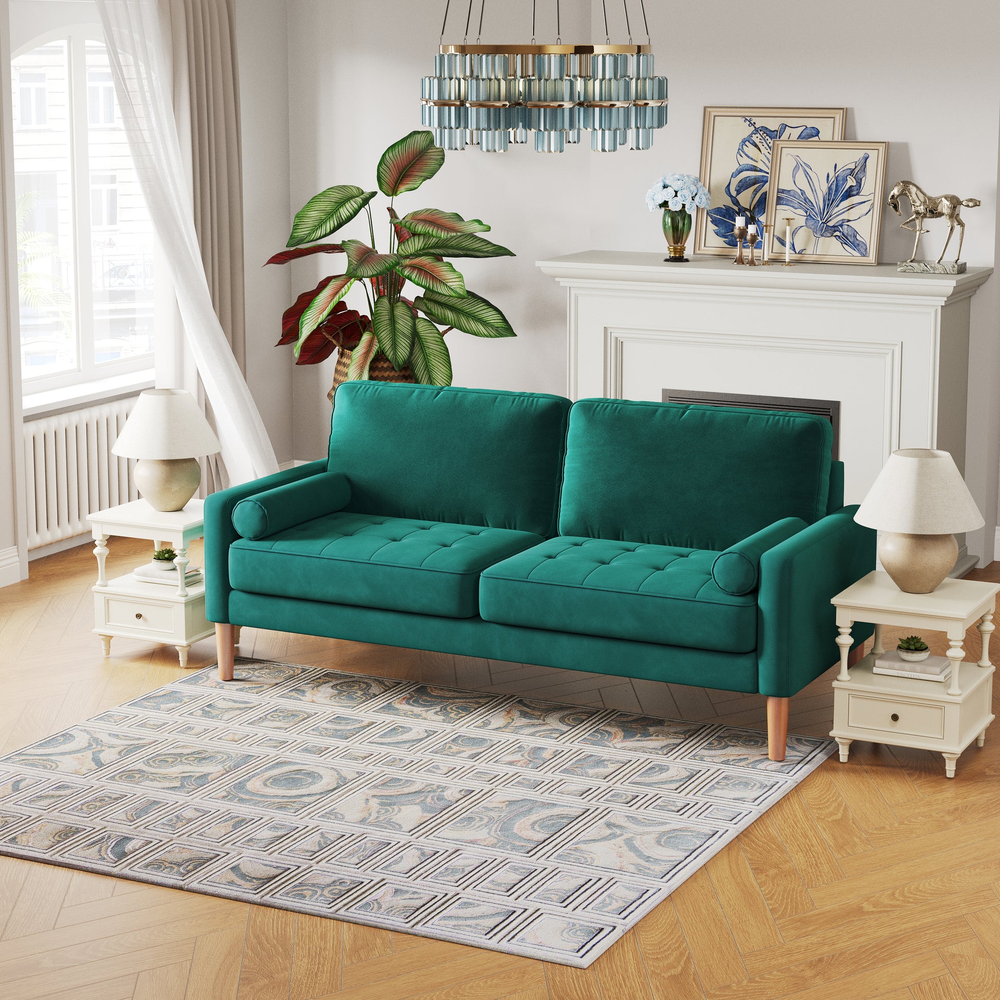 Jos 67.7'' 3 Seater Sofa Couch For Living Room, Modern Sofa,Small Couches For Small Spaces,Upholstered 3 Seater Couch For Bedroom, Apartment, Home Office, Tool Free Assembly,Green Green Velvet Wood Bedroom Soft Cotton Fabric 3 Seat