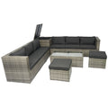 8 Piece Patio Sectional Wicker Rattan Outdoor Furniture Sofa Set With One Storage Box Under Seat And Cushion Box Grey Wicker Black Cushion Clear Glass Top Yes Complete Patio Set Black Grey Rust Resistant Frame Mildew Resistant Cushion Garden & Outdoor