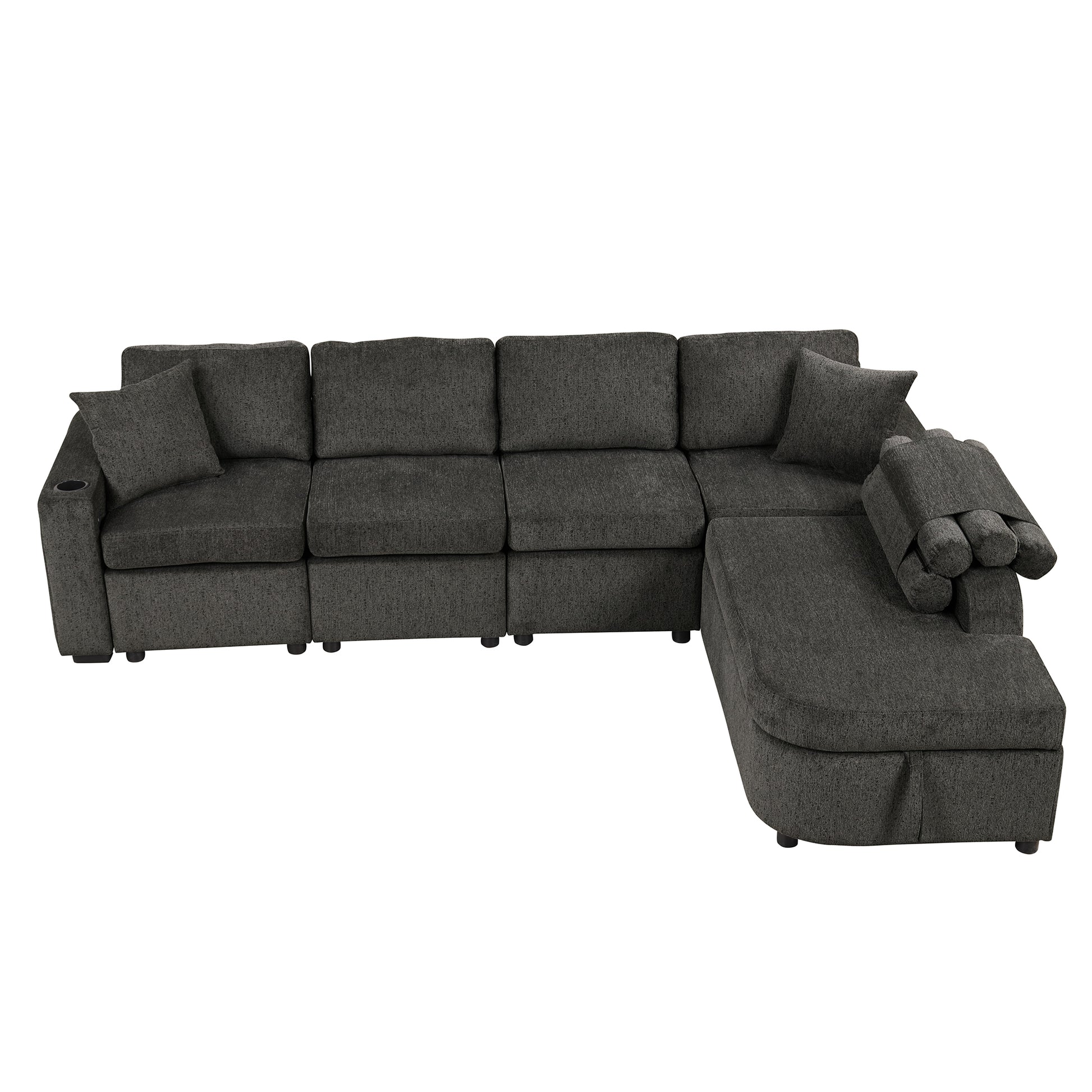 109.8"L Shaped Couch Sectional Sofa With Storage Chaise,Cup Holder And Usb Ports For Living Room, Black Black Foam Chenille 4 Seat