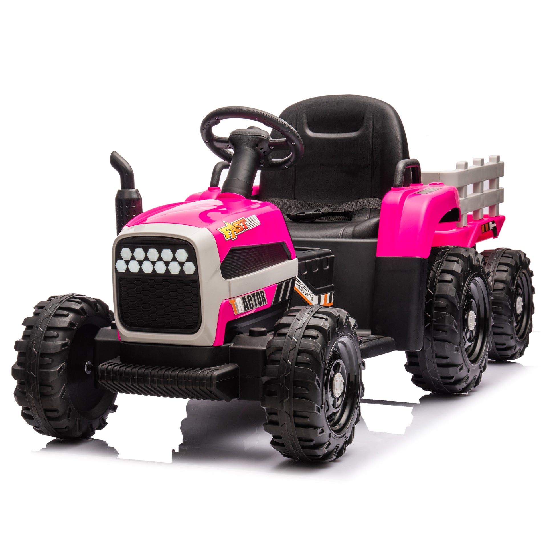 Ride On Tractor With Trailer,24V Battery Powered Electric Tractor Toy, 200W*2Motor 1.86 4.97Mph Remote Control,Electric Car For Kids,Three Speed Adjustable,Usb,Mp3 ,Bluetooth,Led Light, Safety Belt