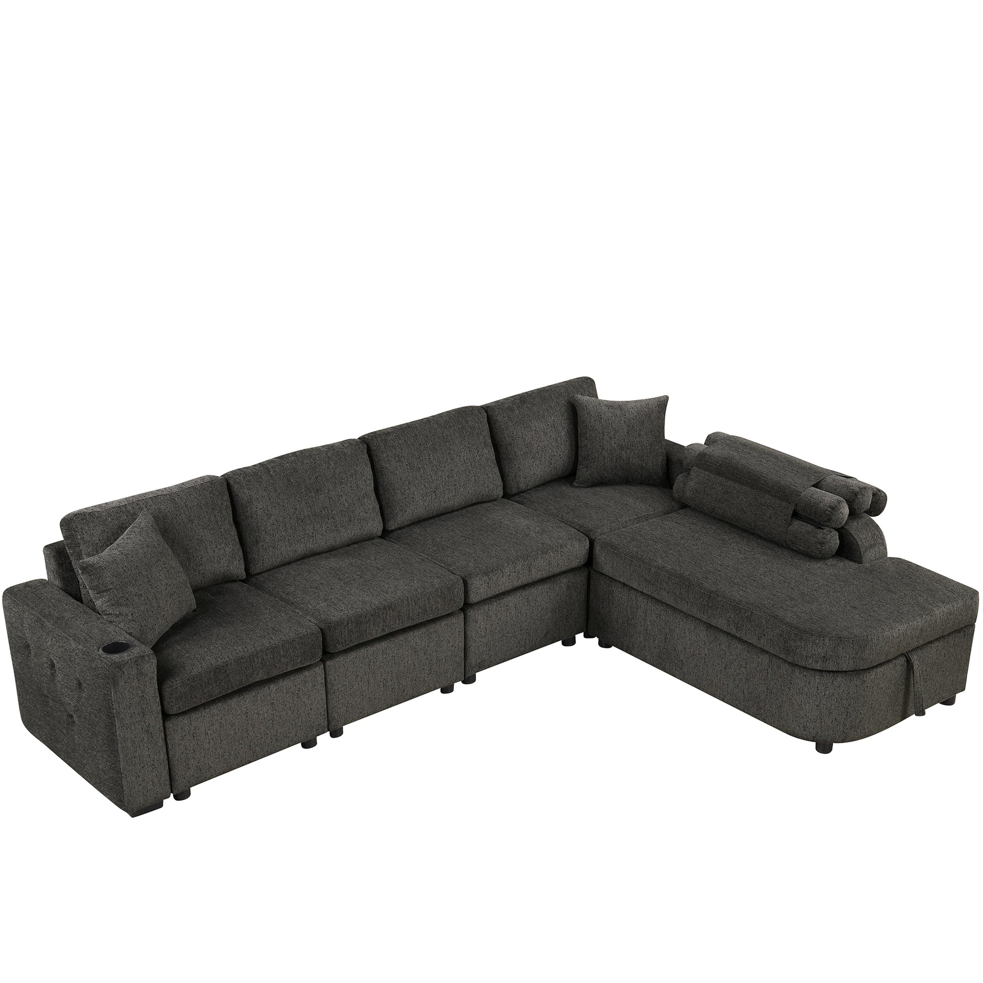 109.8"L Shaped Couch Sectional Sofa With Storage Chaise,Cup Holder And Usb Ports For Living Room, Black Black Foam Chenille 4 Seat