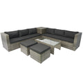 8 Piece Patio Sectional Wicker Rattan Outdoor Furniture Sofa Set With One Storage Box Under Seat And Cushion Box Grey Wicker Black Cushion Clear Glass Top Yes Complete Patio Set Black Grey Rust Resistant Frame Mildew Resistant Cushion Garden & Outdoor