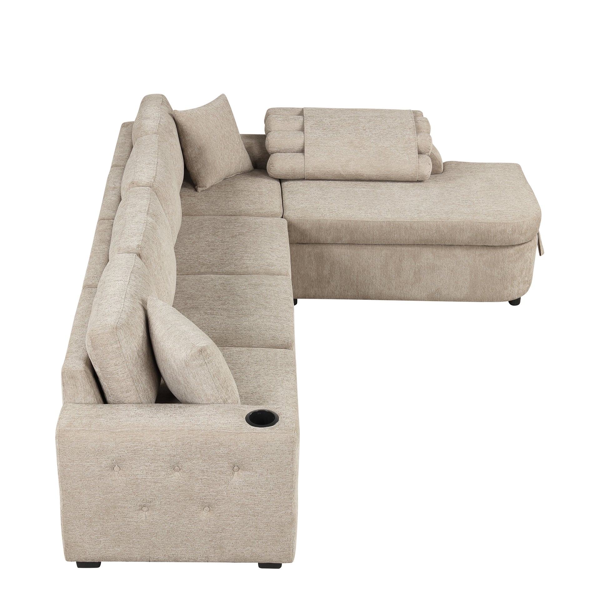 109.8"L Shaped Couch Sectional Sofa With Storage Chaise,Cup Holder And Usb Ports For Living Room, Beige Beige Foam Chenille 4 Seat