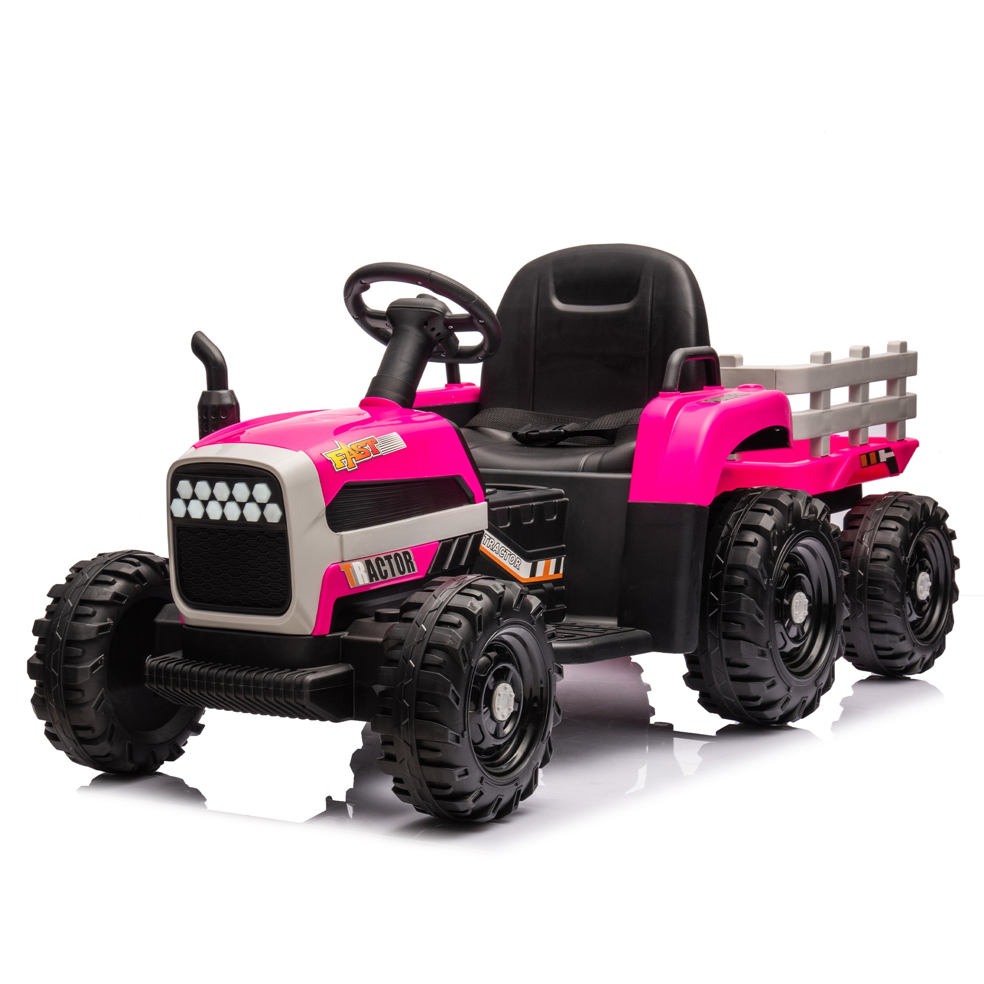 Ride On Tractor With Trailer,12V Battery Powered Electric Tractor Toy W Remote Control,Electric Car For Kids,Three Speed Adjustable,Power Display, Usb,Mp3 ,Bluetooth,Led Light,Two Point Safety Belt Rose Red Plastic