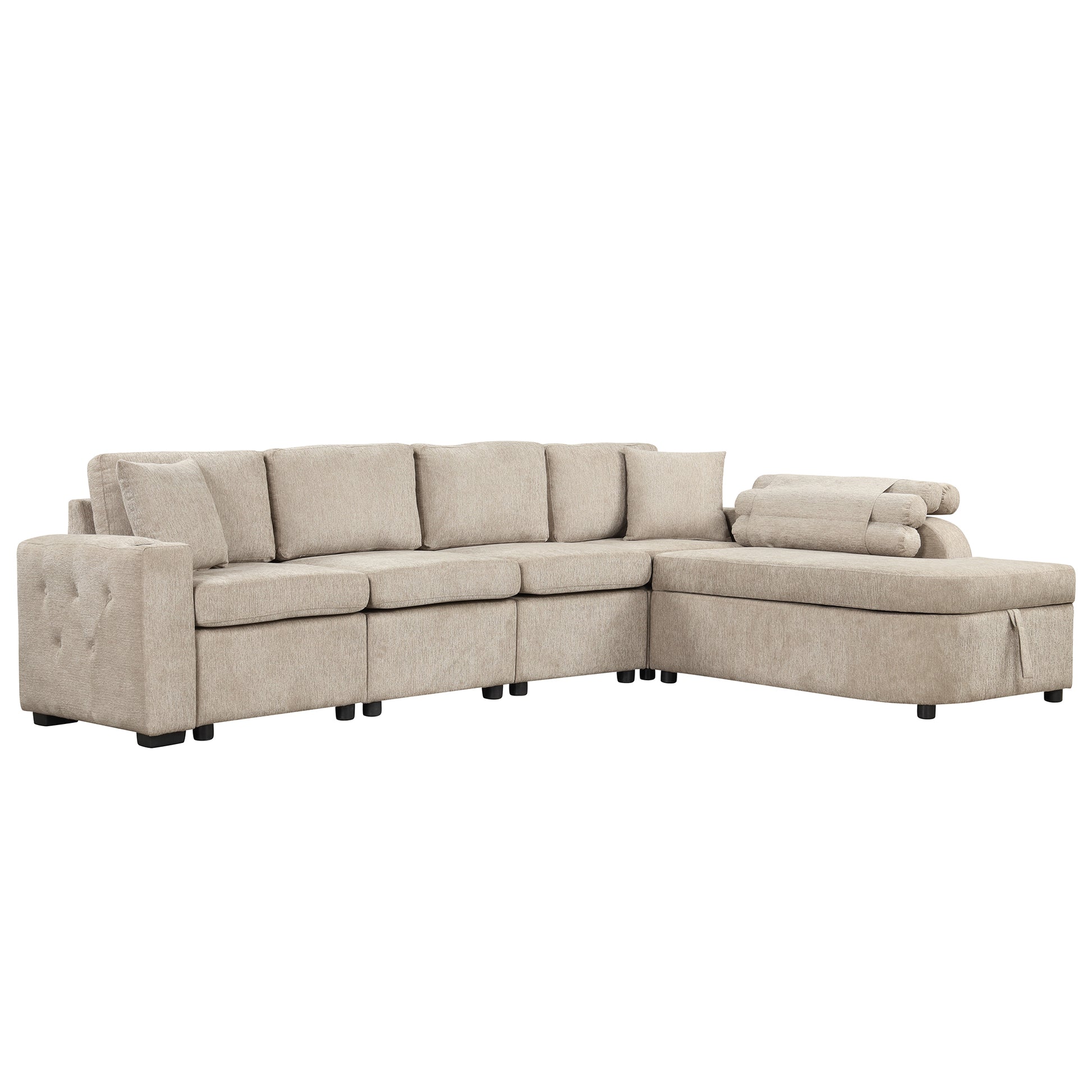 109.8"L Shaped Couch Sectional Sofa With Storage Chaise,Cup Holder And Usb Ports For Living Room, Beige Beige Foam Chenille 4 Seat