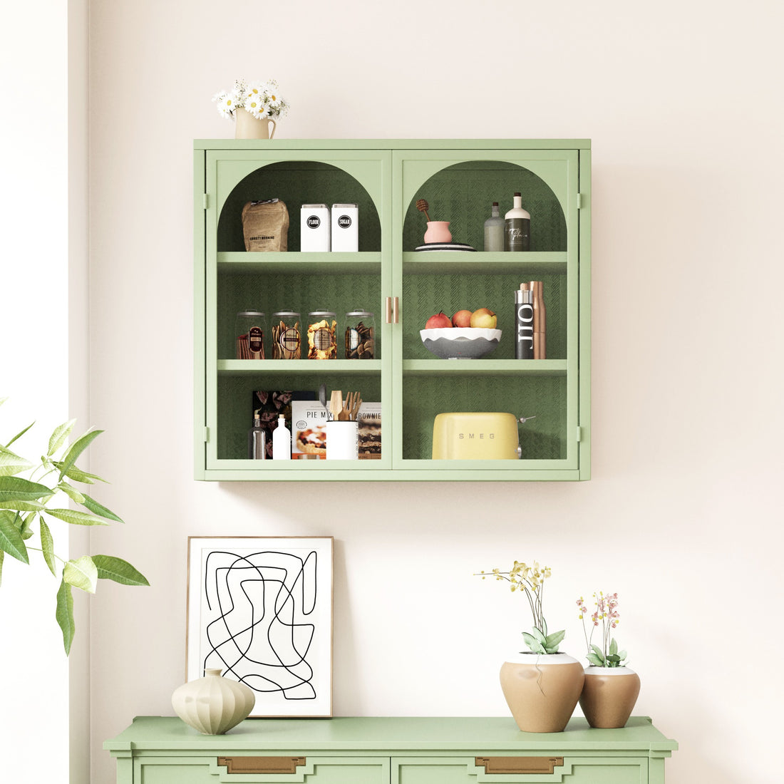 27.56"Glass Doors Modern Two Door Wall Cabinet With Featuring Three Tier Storage For Entryway Living Room Bathroom Dining Room,Wall Cabinet With Characteristic Woven Pattern,Green Green Metal