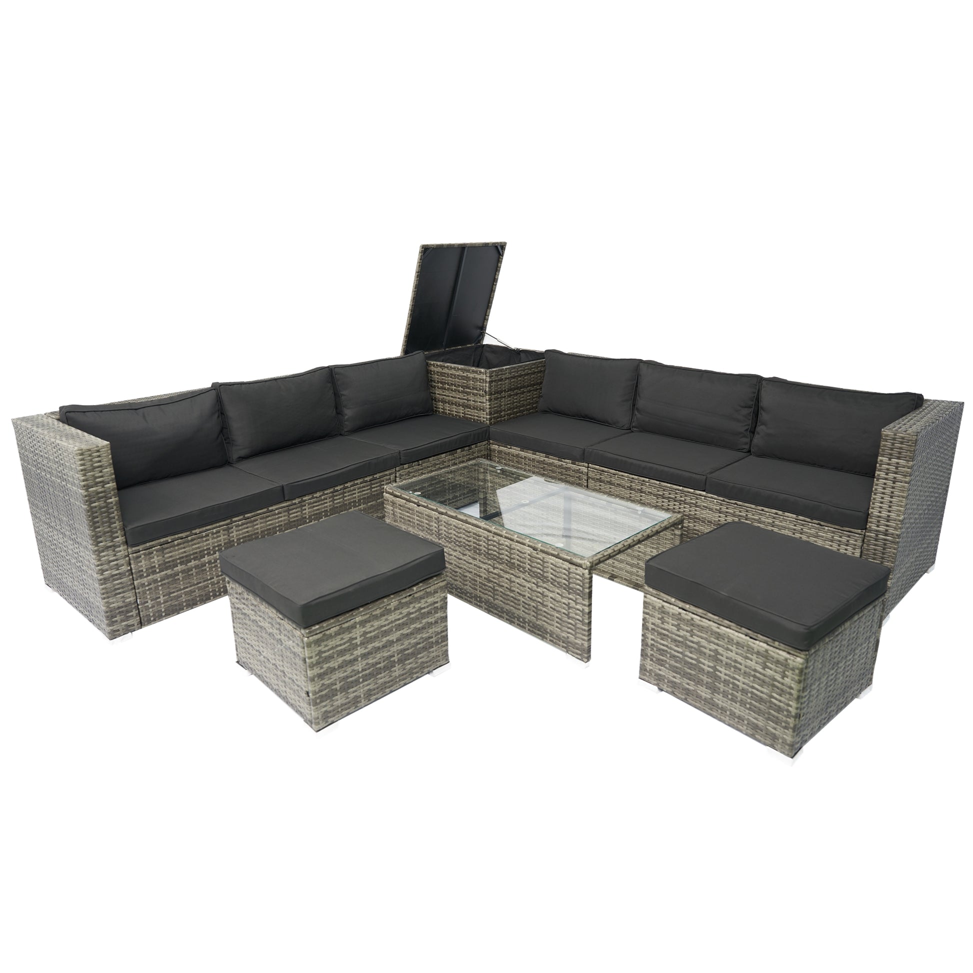 8 Piece Patio Sectional Wicker Rattan Outdoor Furniture Sofa Set With One Storage Box Under Seat And Cushion Box Grey Wicker Black Cushion Clear Glass Top Yes Complete Patio Set Black Grey Rust Resistant Frame Mildew Resistant Cushion Garden & Outdoor