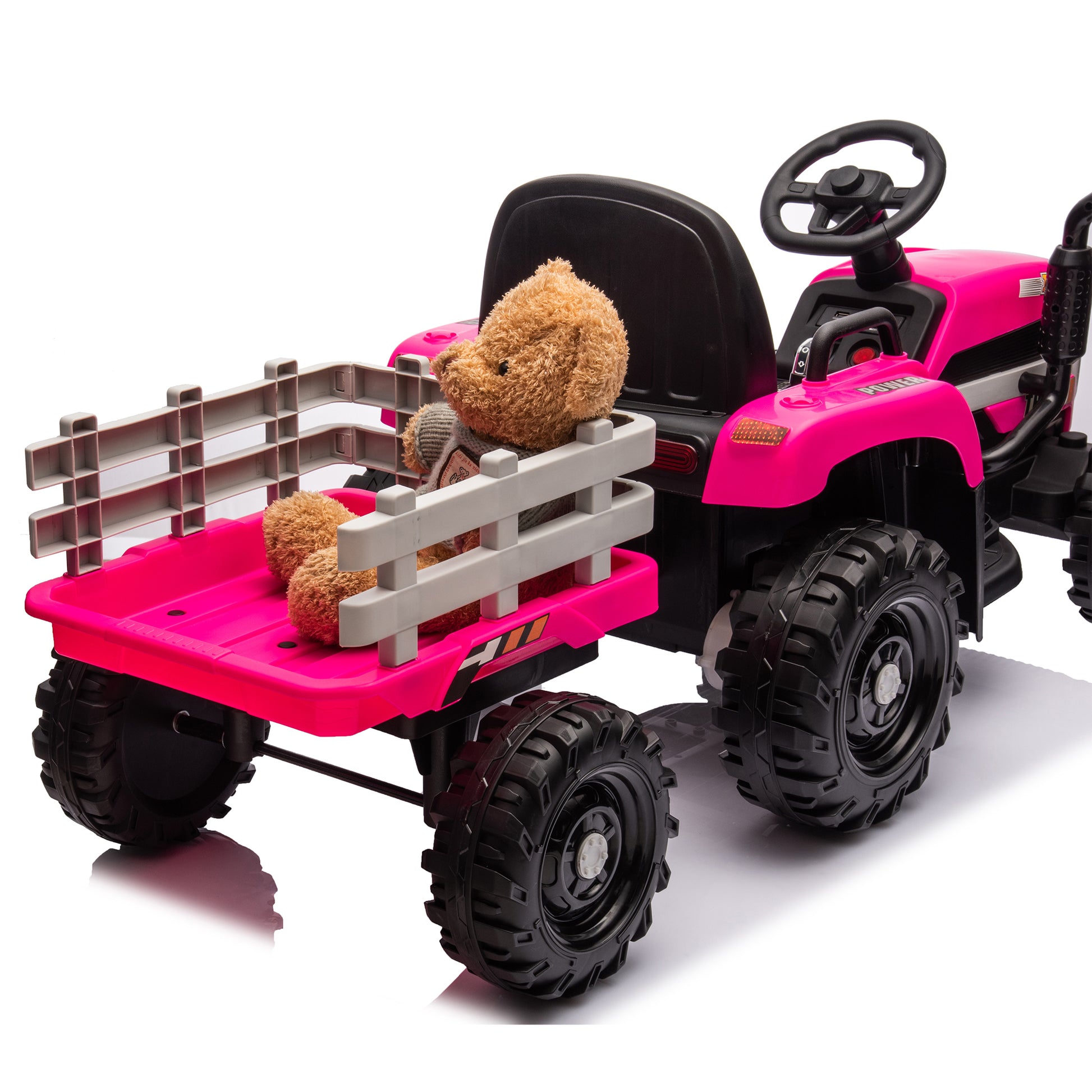 Ride On Tractor With Trailer,12V Battery Powered Electric Tractor Toy W Remote Control,Electric Car For Kids,Three Speed Adjustable,Power Display, Usb,Mp3 ,Bluetooth,Led Light,Two Point Safety Belt Rose Red Plastic