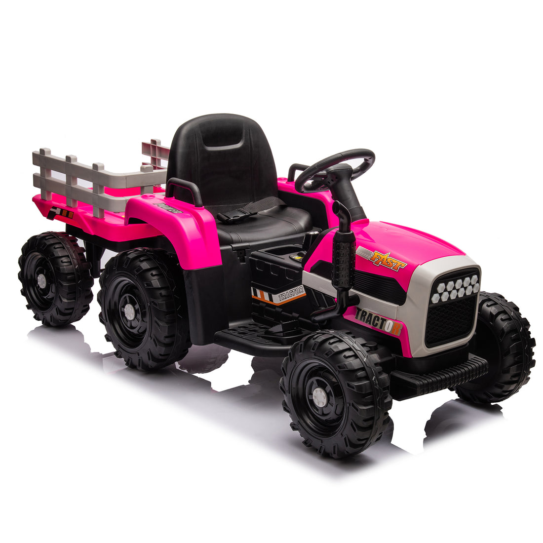 Ride On Tractor2.0 With Trailer,24V Battery Powered Electric Tractor Toy, 200W*2Motor 1.86 4.97Mph Remote Control,Electric Car For Kids,Three Speed Adjustable,Usb,Mp3 ,Bluetooth,Led Light, Safety Belt Rose Red Plastic