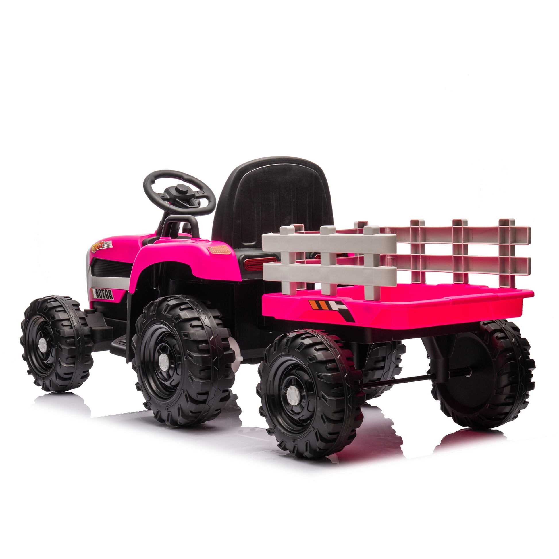 Ride On Tractor2.0 With Trailer,24V Battery Powered Electric Tractor Toy, 200W*2Motor 1.86 4.97Mph Remote Control,Electric Car For Kids,Three Speed Adjustable,Usb,Mp3 ,Bluetooth,Led Light, Safety Belt Rose Red Plastic