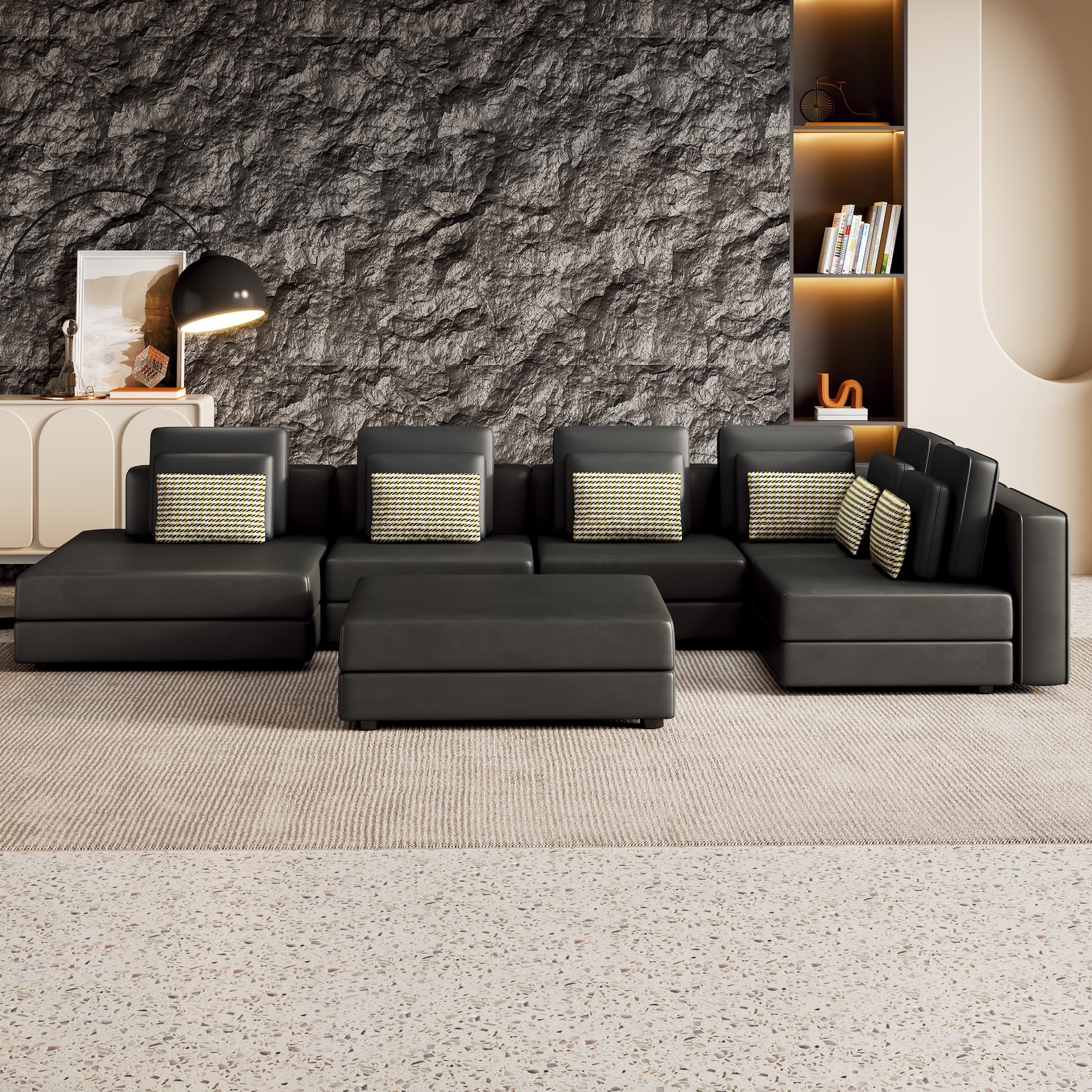112.7" Modular Sectional Sofa Corner Sofa Chaise Lounge With Movable Ottoman For Living Room, Black Black Foam Palomino Fabric