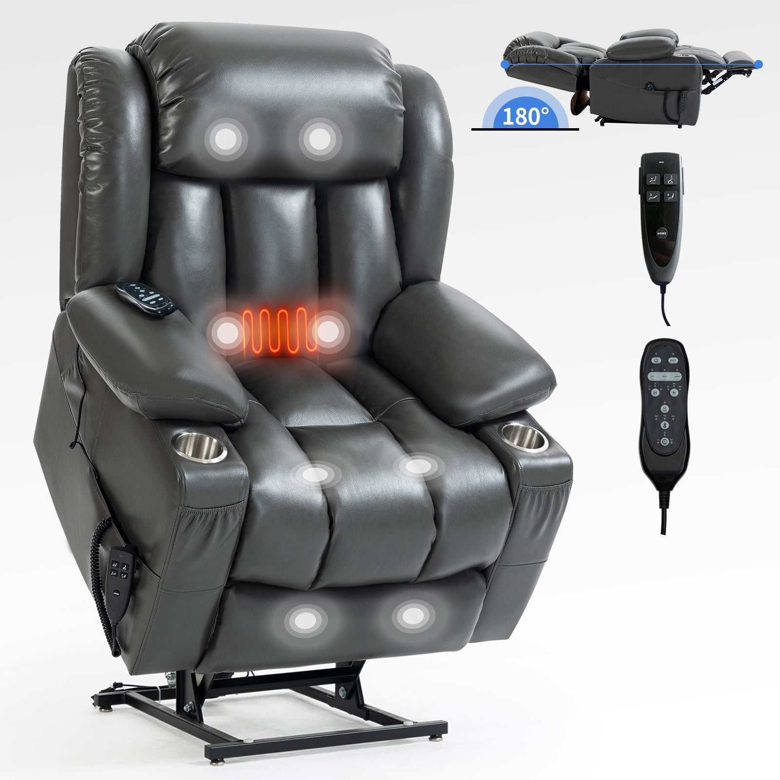 Dual Motor Infinite Position Up To 350 Lbs Leatheraire Power Lift Recliner Chair, Heavy Duty Motion Mechanism With 8 Point Vibration Massage And Lumbar Heating, Stainless Steel Cup Holders, Grey White Metal Primary Living Space Heavy Duty Pine Grey Faux