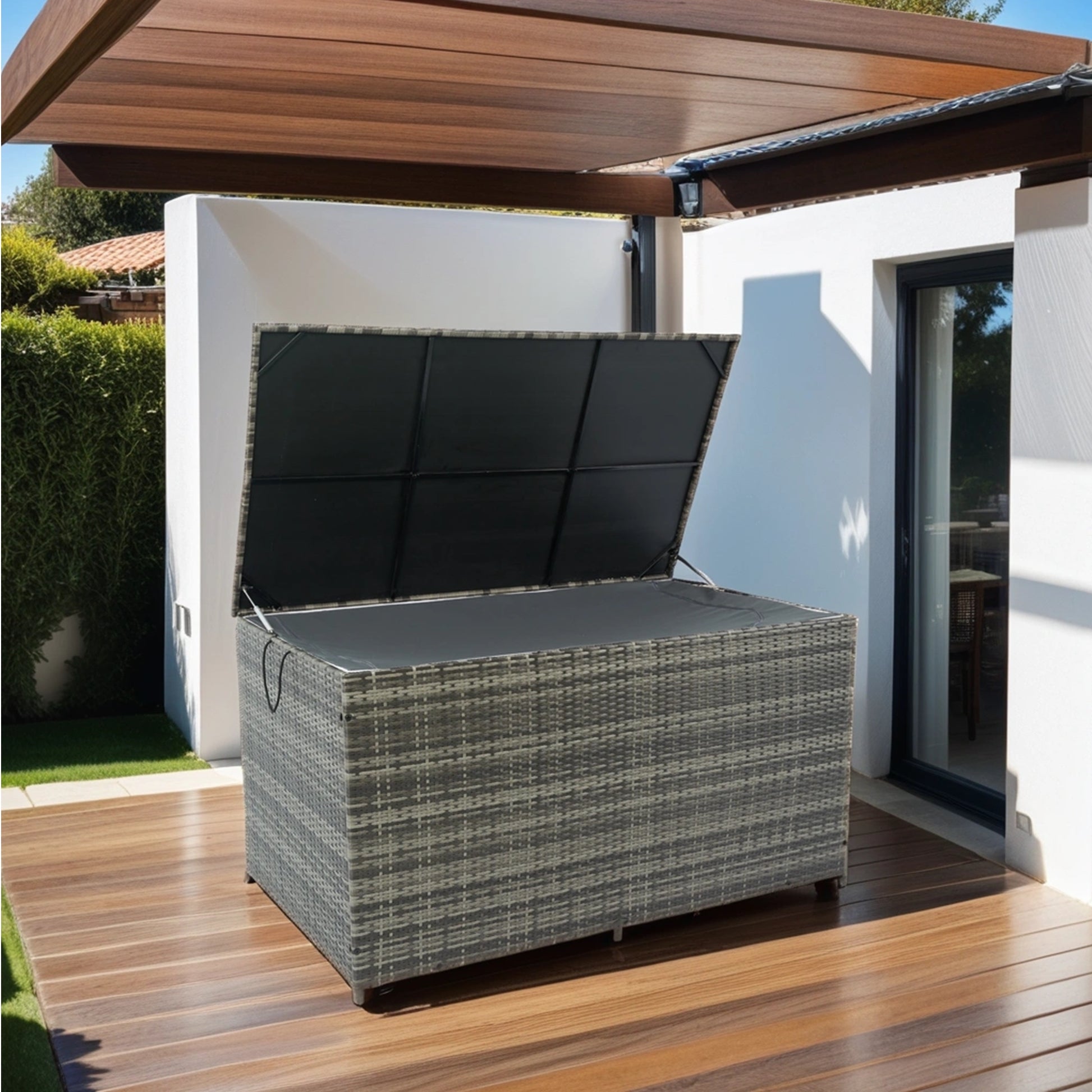 Outdoor Storage Box, 200 Gallon Wicker Patio Deck Boxes With Lid, Outdoor Cushion Storage For Kids Toys, Pillows, Towel Grey Modern Pe Rattan Iron Waterproof Fabric