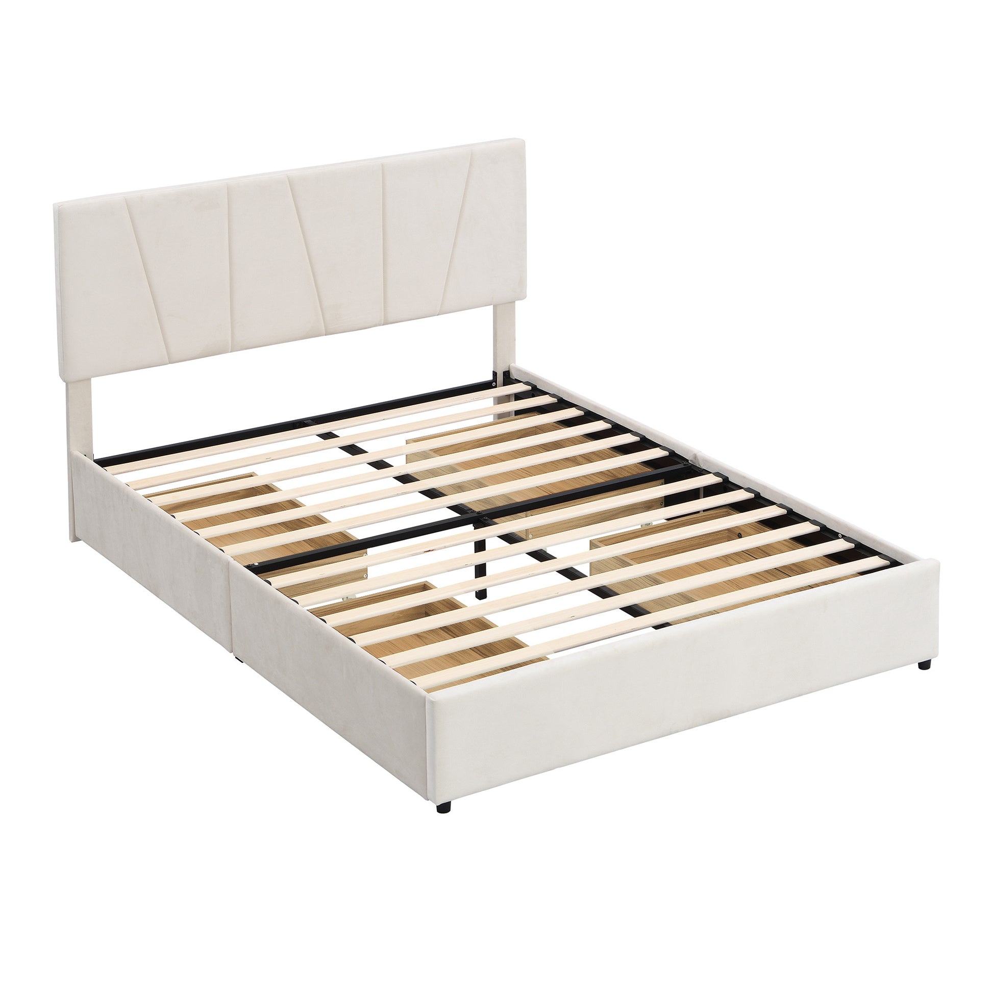 Queen Size Upholstery Platform Bed With Four Drawers On Two Sides, Adjustable Headboard, Beige Old Sku: Wf291774Aaa Box Spring Not Required Queen Beige Wood Bedroom Bed Frame Velvet Upholstered