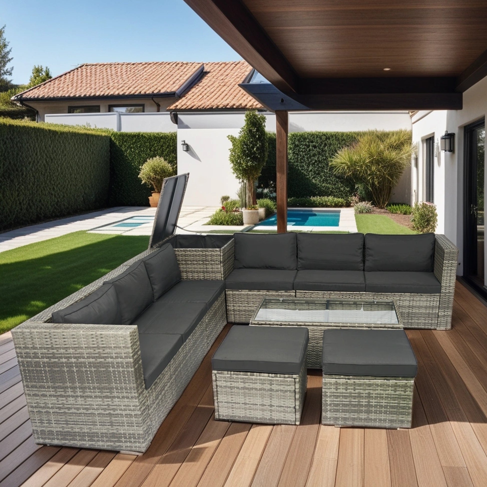 8 Piece Patio Sectional Wicker Rattan Outdoor Furniture Sofa Set With One Storage Box Under Seat And Cushion Box Grey Wicker Black Cushion Clear Glass Top Yes Complete Patio Set Black Grey Rust Resistant Frame Mildew Resistant Cushion Garden & Outdoor