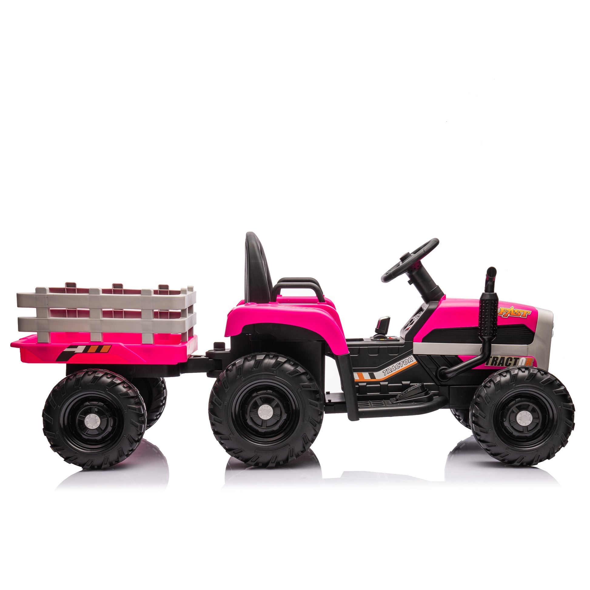 Ride On Tractor2.0 With Trailer,24V Battery Powered Electric Tractor Toy, 200W*2Motor 1.86 4.97Mph Remote Control,Electric Car For Kids,Three Speed Adjustable,Usb,Mp3 ,Bluetooth,Led Light, Safety Belt Rose Red Plastic