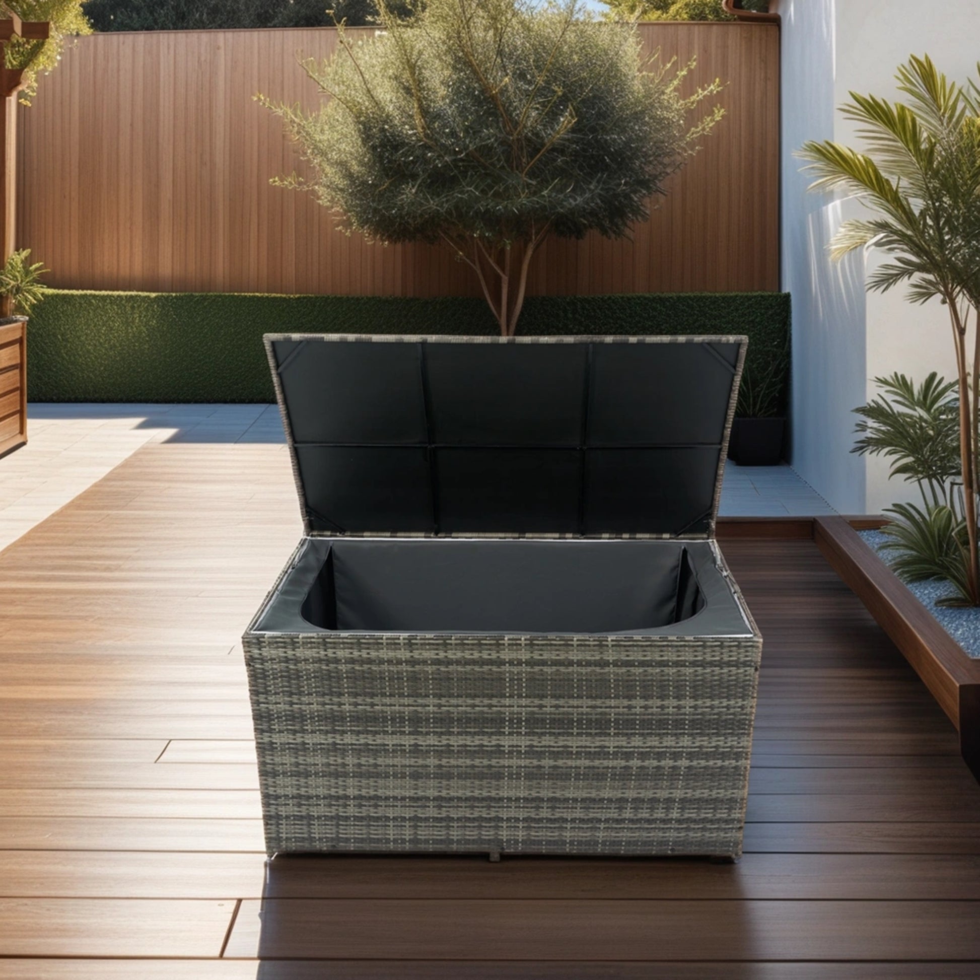 Outdoor Storage Box, 200 Gallon Wicker Patio Deck Boxes With Lid, Outdoor Cushion Storage For Kids Toys, Pillows, Towel Grey Modern Pe Rattan Iron Waterproof Fabric