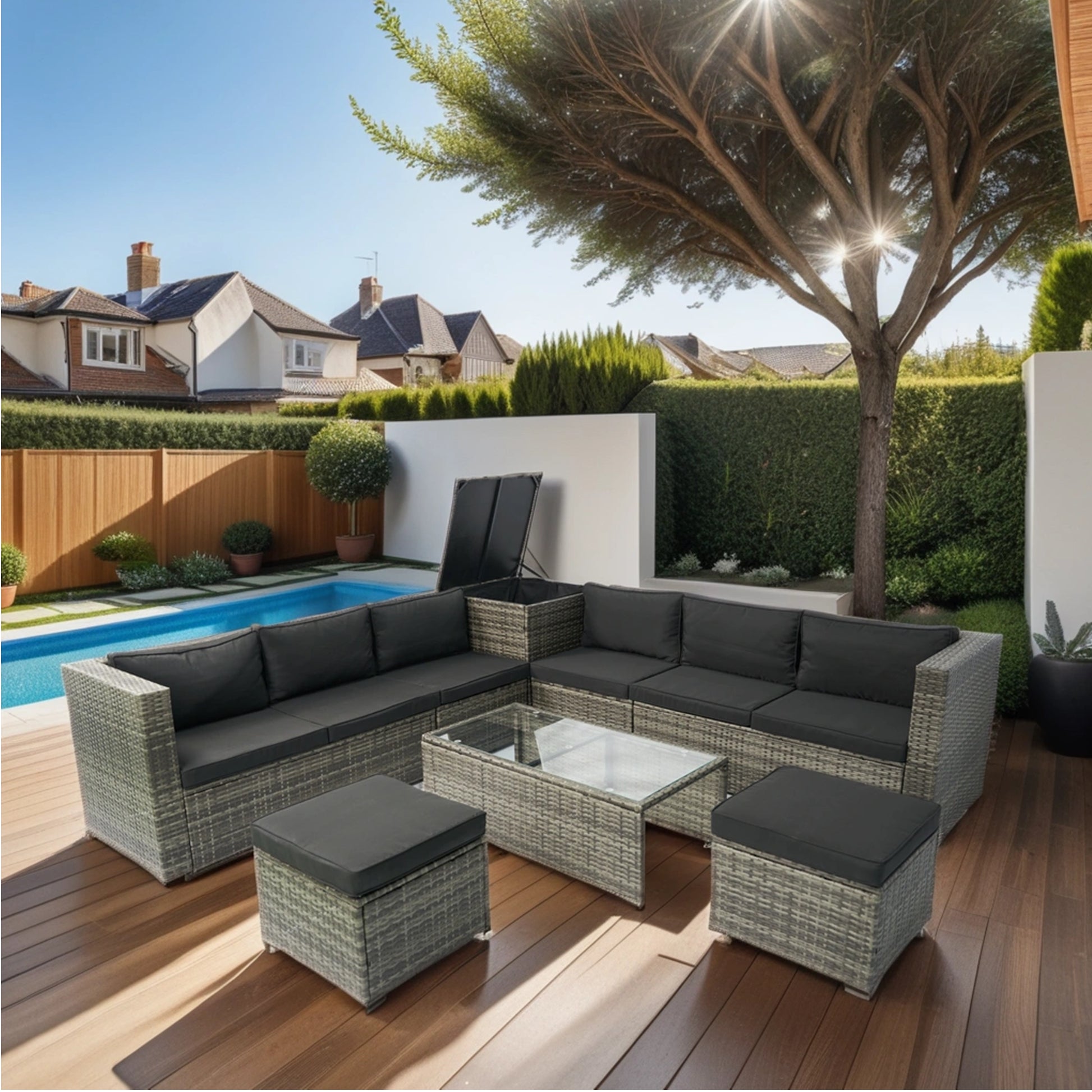 8 Piece Patio Sectional Wicker Rattan Outdoor Furniture Sofa Set With One Storage Box Under Seat And Cushion Box Grey Wicker Black Cushion Clear Glass Top Yes Complete Patio Set Black Grey Rust Resistant Frame Mildew Resistant Cushion Garden & Outdoor