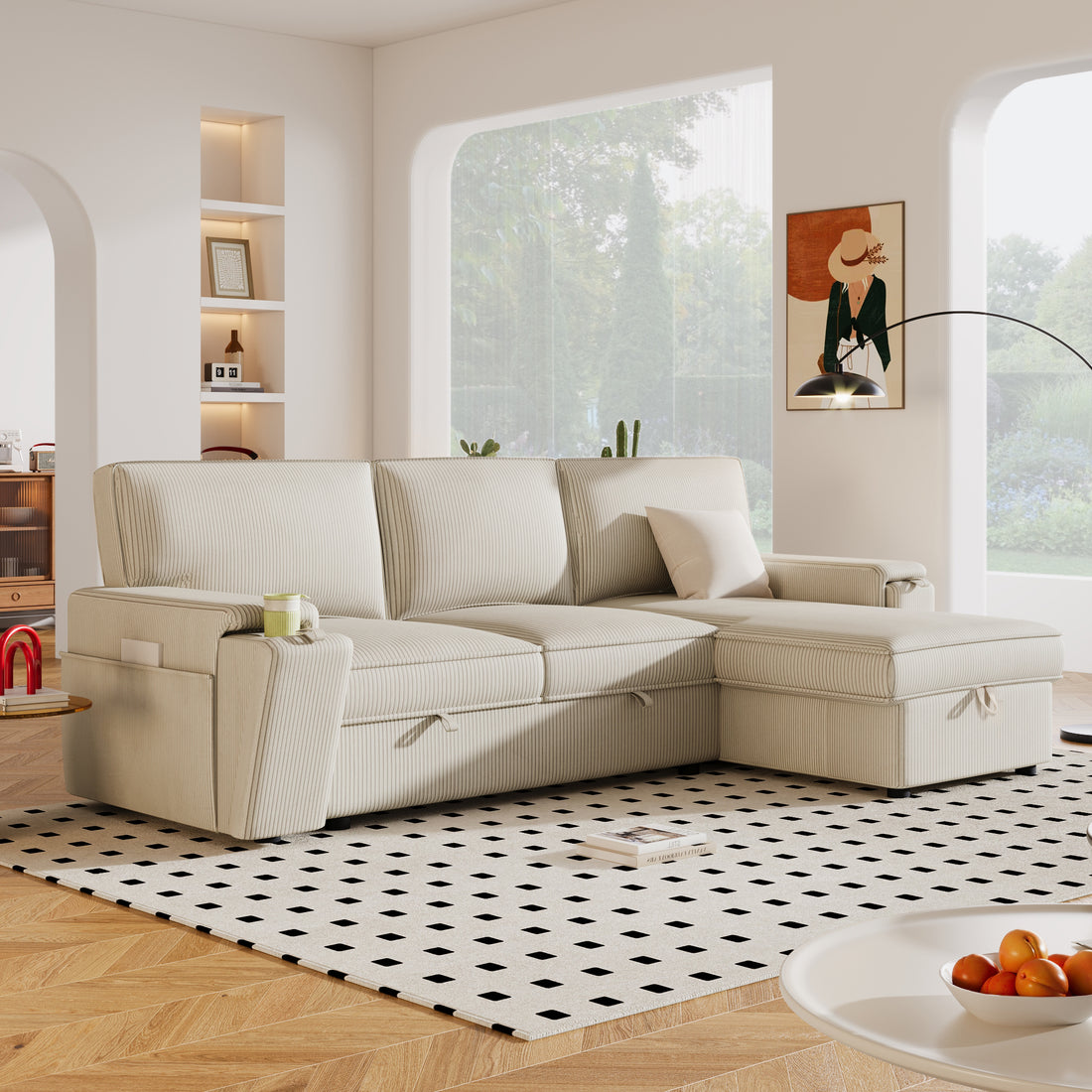 Upholstery Sleeper Sectional Sofa With Storage Bags And 2 Cup Holders On Arms Beige Wood Cushion Back Square Arms Polyester 3 Seat