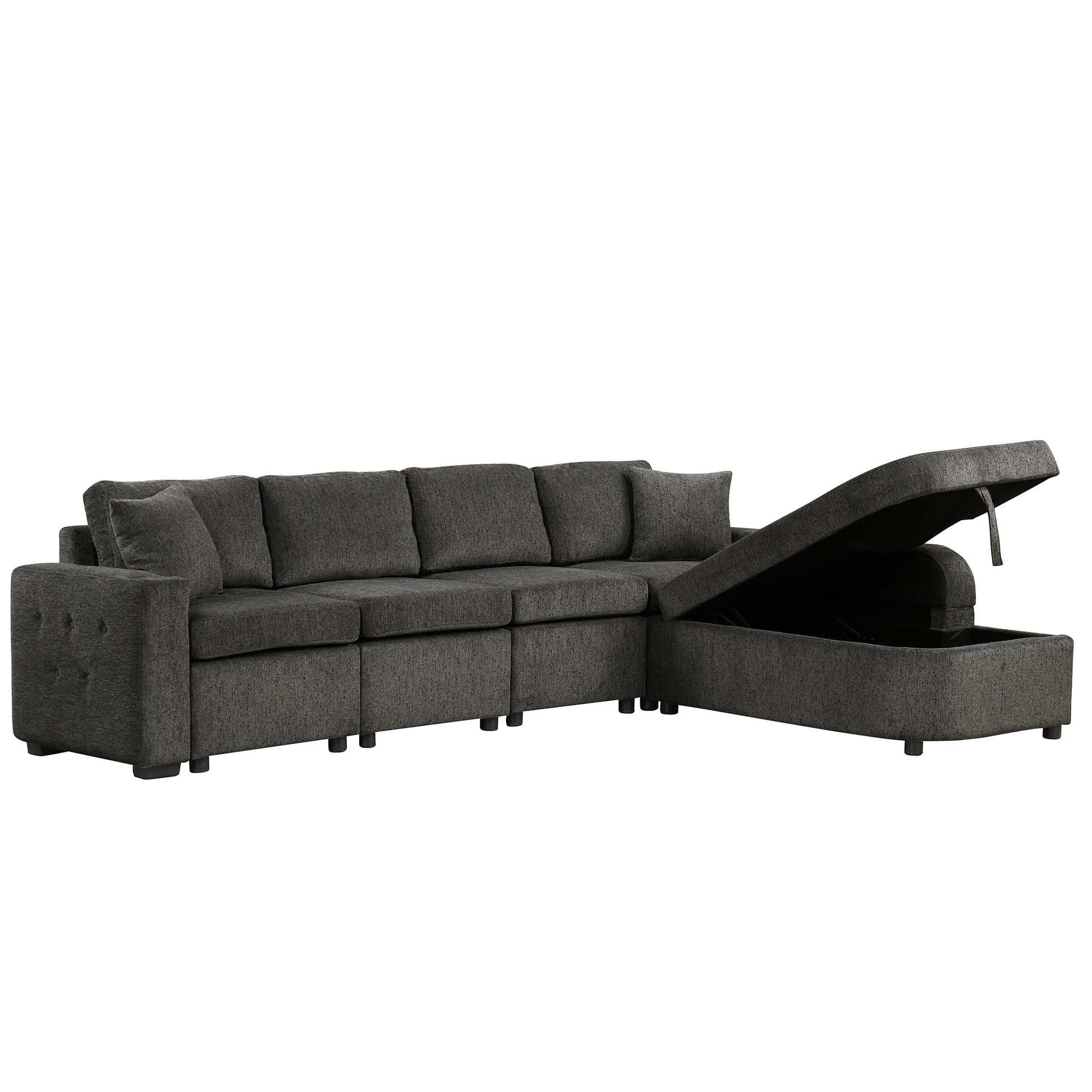 109.8"L Shaped Couch Sectional Sofa With Storage Chaise,Cup Holder And Usb Ports For Living Room, Black Black Foam Chenille 4 Seat