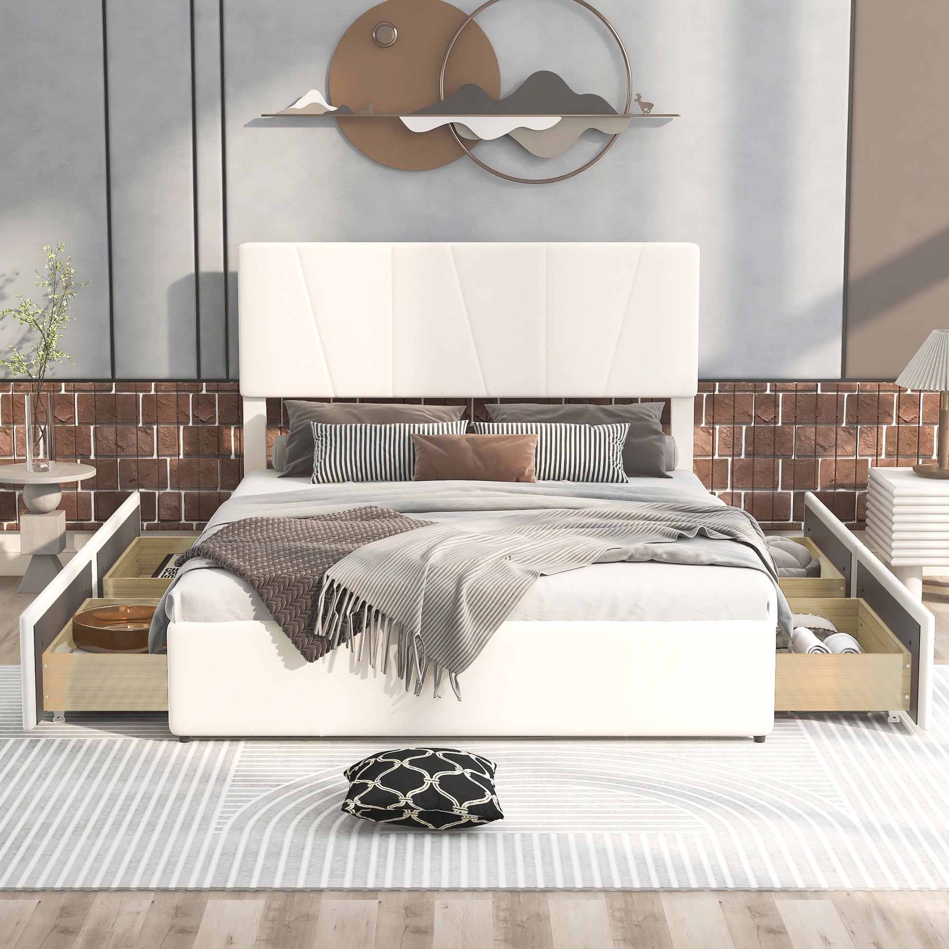 Queen Size Upholstery Platform Bed With Four Drawers On Two Sides, Adjustable Headboard, Beige Old Sku: Wf291774Aaa Box Spring Not Required Queen Beige Wood Bedroom Bed Frame Velvet Upholstered