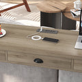 3 Drawer Long Dining Table Set With Power Outlets, Bar Kitchen Table Set With Circular Pu Stools, Easy Assemble, Brown Gray Table Black Stool Upholstered Chair Wood Black Metal Dining Table With Chair Mdf Metal