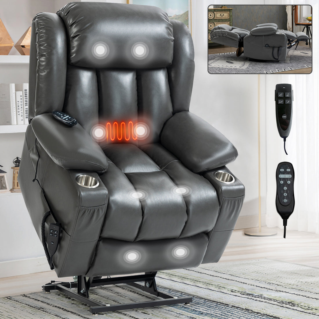 Dual Motor Infinite Position Up To 350 Lbs Leatheraire Power Lift Recliner Chair, Heavy Duty Motion Mechanism With 8 Point Vibration Massage And Lumbar Heating, Stainless Steel Cup Holders, Grey White Metal Primary Living Space Heavy Duty Pine Grey Faux