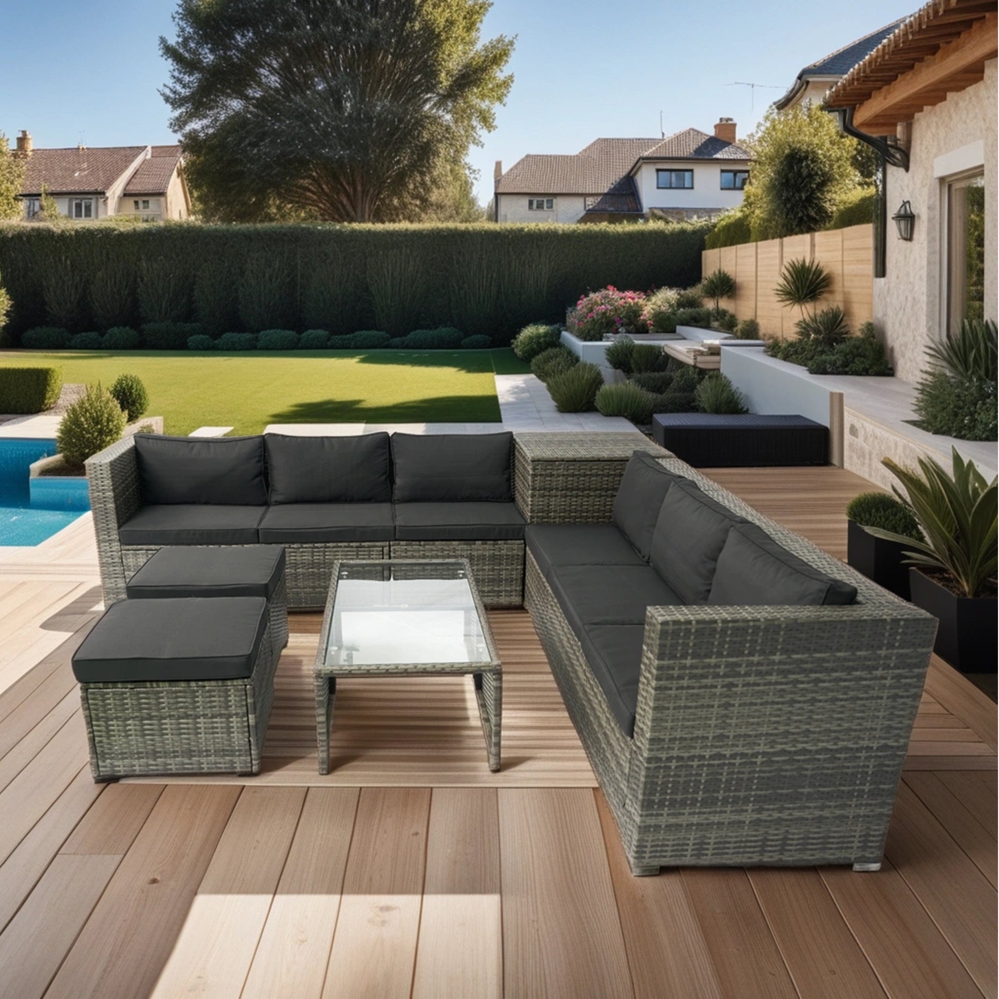 8 Piece Patio Sectional Wicker Rattan Outdoor Furniture Sofa Set With One Storage Box Under Seat And Cushion Box Grey Wicker Black Cushion Clear Glass Top Yes Complete Patio Set Black Grey Rust Resistant Frame Mildew Resistant Cushion Garden & Outdoor