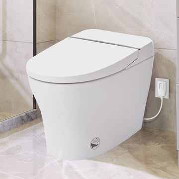 Smart Toilet Bidet Combo With Self Cleaning Nozzle,Upmarket Compact Dual Flush Toilet 1 1.28 Gpf,Tank Less Toilet With Foot Sensor Flush,White Night Light,Knob Control,Power Outage Flushing,Soft Close White Ceramic