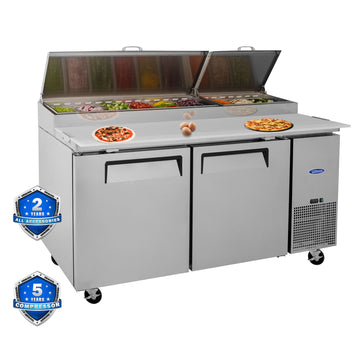 Orikool 67 In Commercial Pizza Prep Table With A Built In Refrigerator 20.3 Cu.Ft, Butcher Block Cutting Board, Protection Lid, Cold Storage, And Smooth Rolling Casters, Etl Certified Silver Stainless Steel