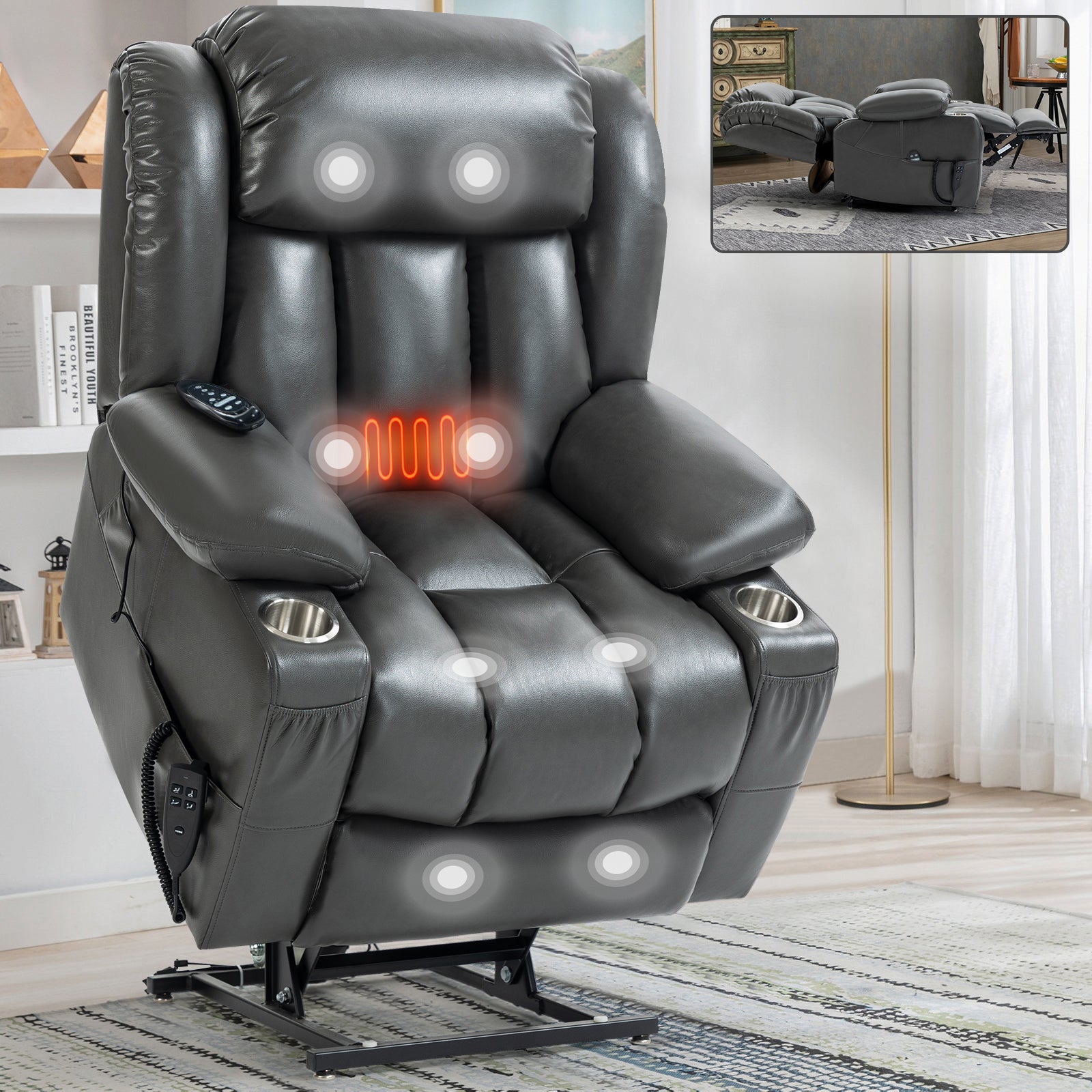 Dual Motor Infinite Position Up To 350 Lbs Leatheraire Power Lift Recliner Chair, Heavy Duty Motion Mechanism With 8 Point Vibration Massage And Lumbar Heating, Stainless Steel Cup Holders, Grey White Metal Primary Living Space Heavy Duty Pine Grey Faux