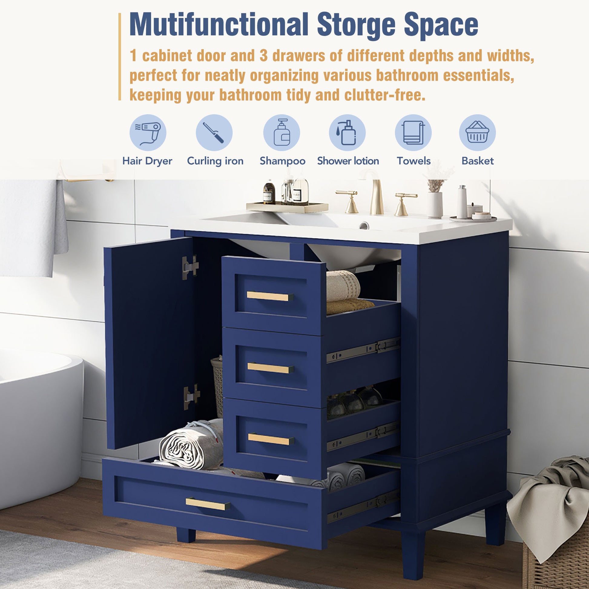 30" Bathroom Vanity, Modern Bathroom Cabinet With Sink Combo Set, Bathroom Storage Cabinet With A Soft Closing Door And 3 Drawers,Solid Wood Frame Resin Basin Blue Solid Wood Mdf