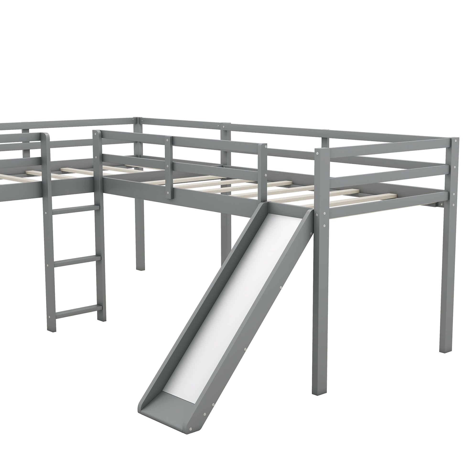 L Shaped Twin Size Loft Bed With Ladder And Slide, Gray Gray Solid Wood Mdf
